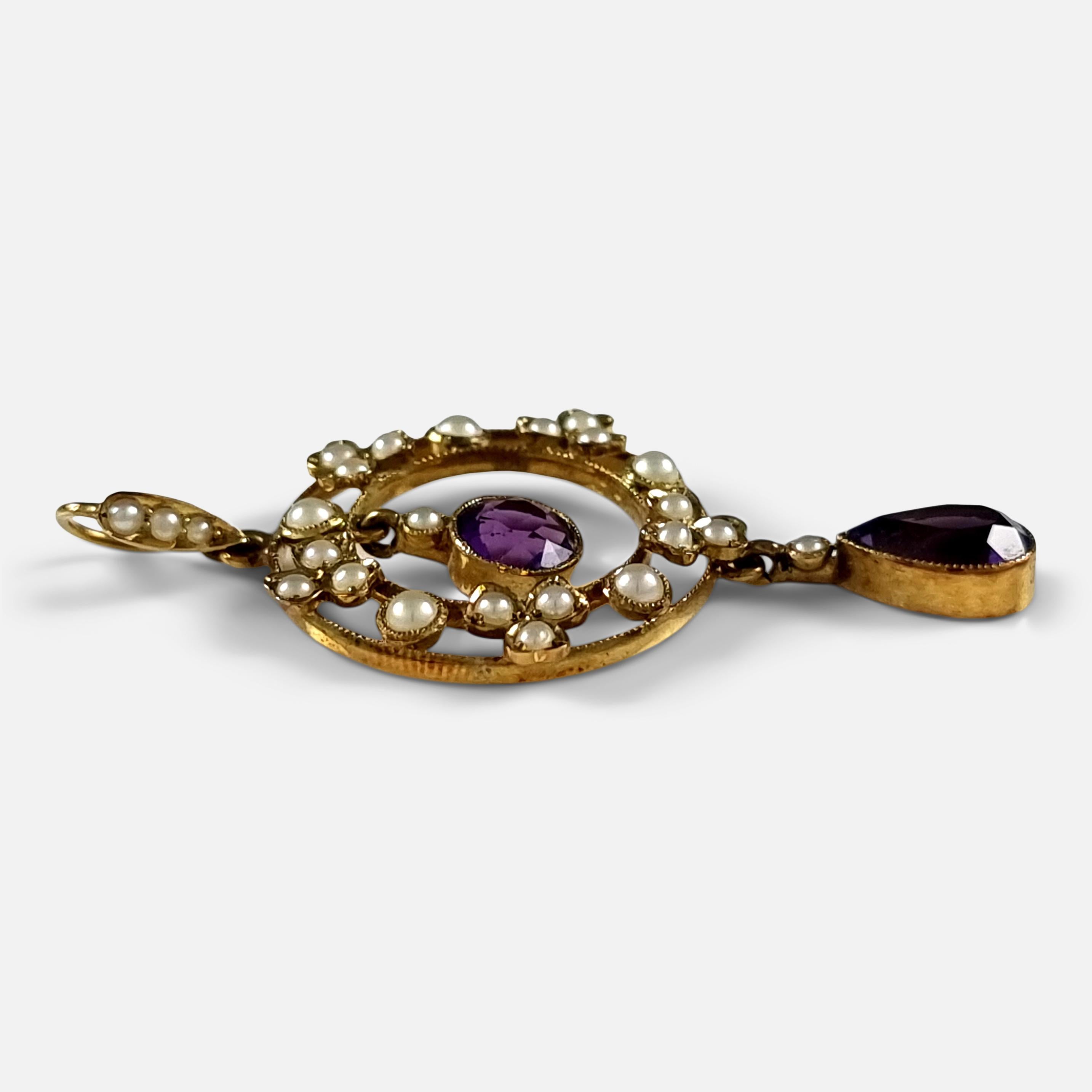 Colgante eduardiano de oro de 15 ct con amatista y perlas de collar Corte redondo en venta