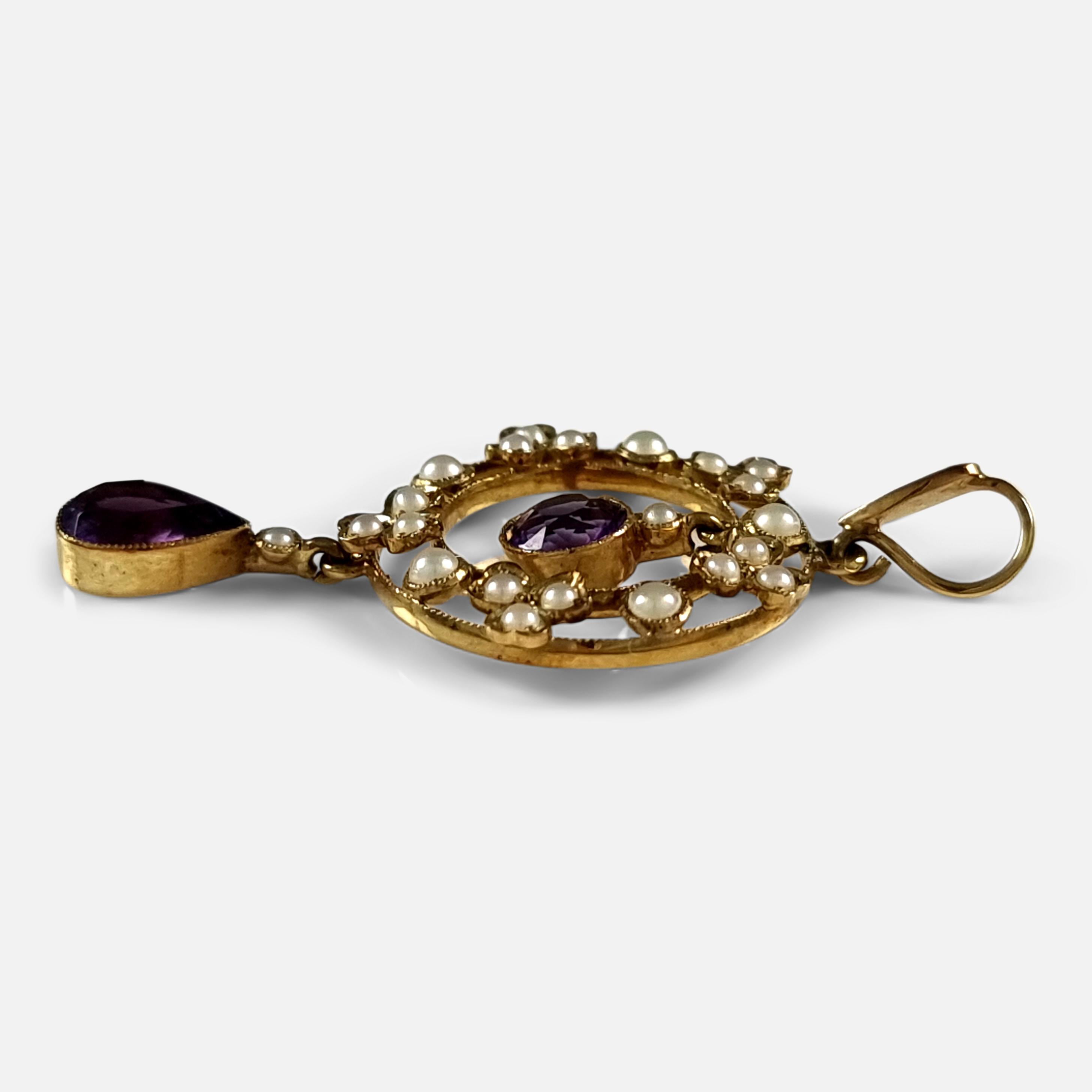 Women's or Men's Edwardian 15ct Gold Amethyst and Seed Pearl Pendant For Sale