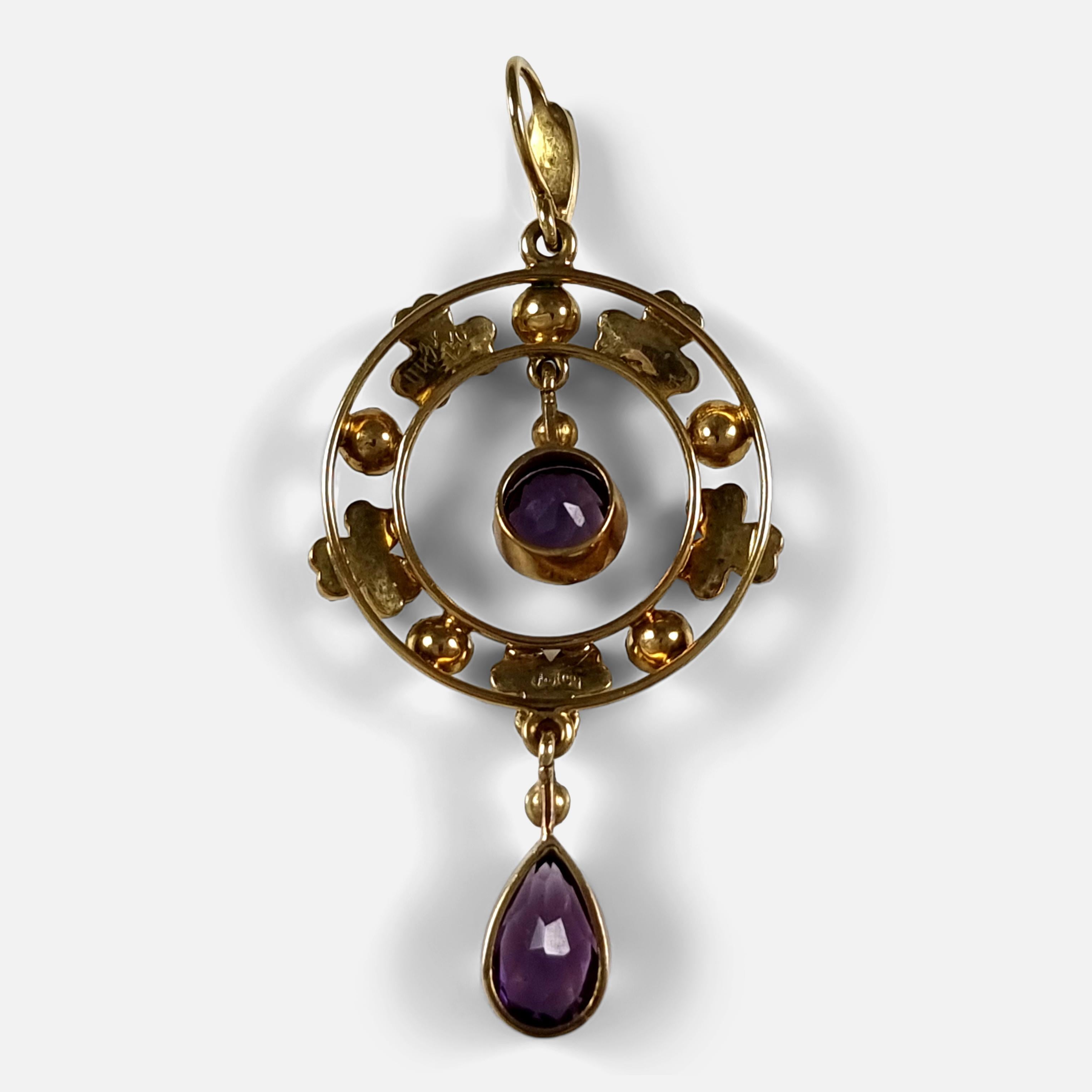 Femenino o masculino Colgante eduardiano de oro de 15 ct con amatista y perlas de collar en venta