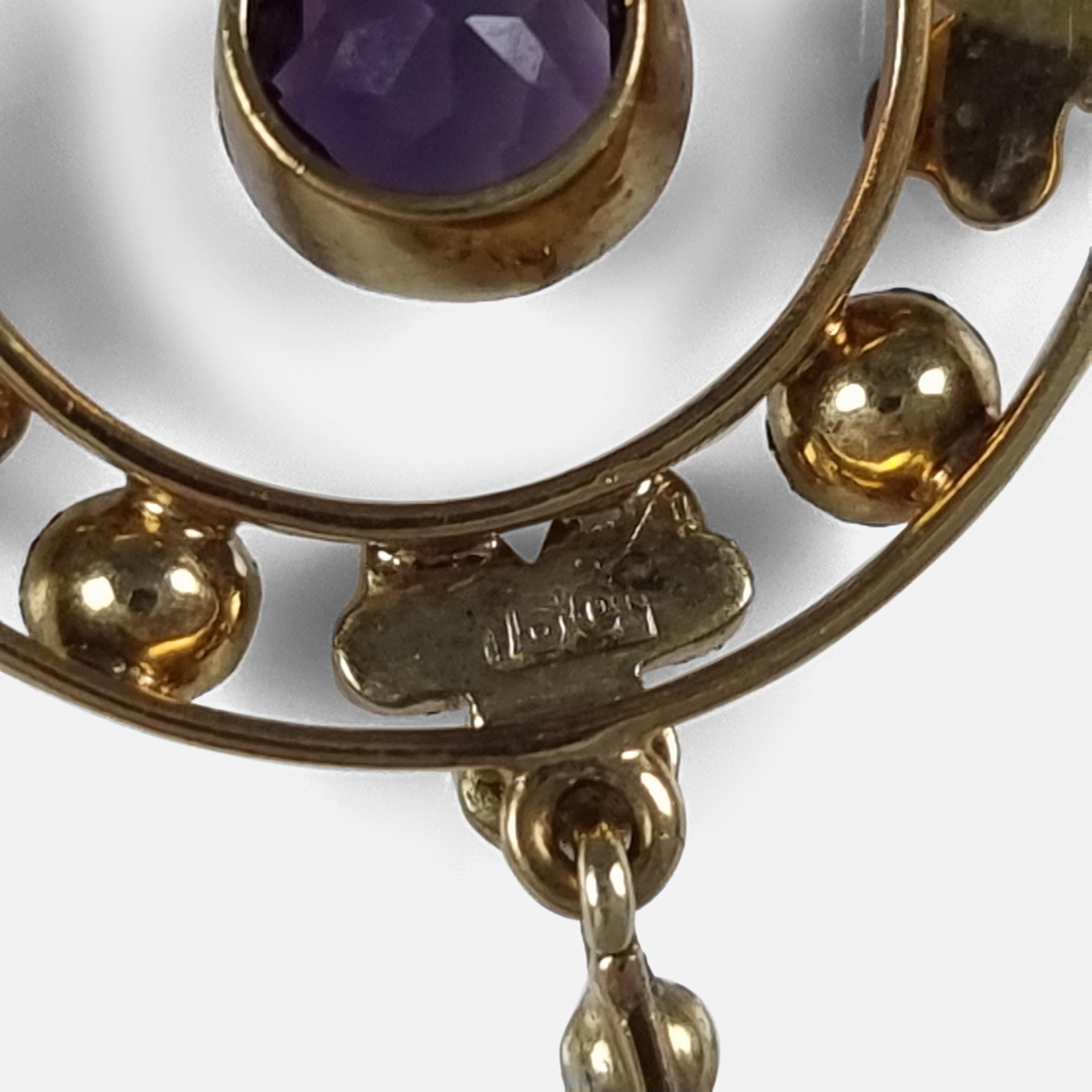 Colgante eduardiano de oro de 15 ct con amatista y perlas de collar en venta 1