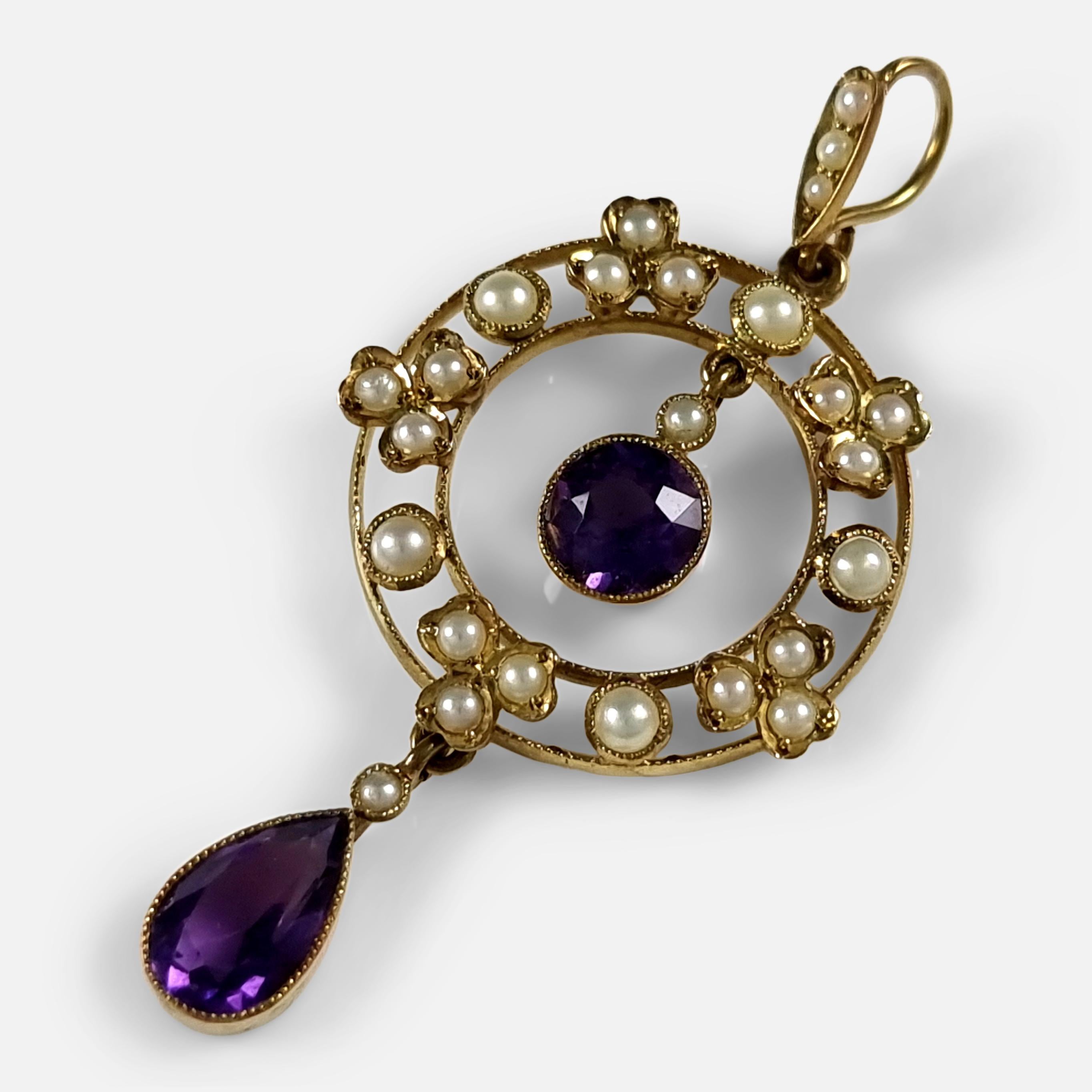 Colgante eduardiano de oro de 15 ct con amatista y perlas de collar en venta 2