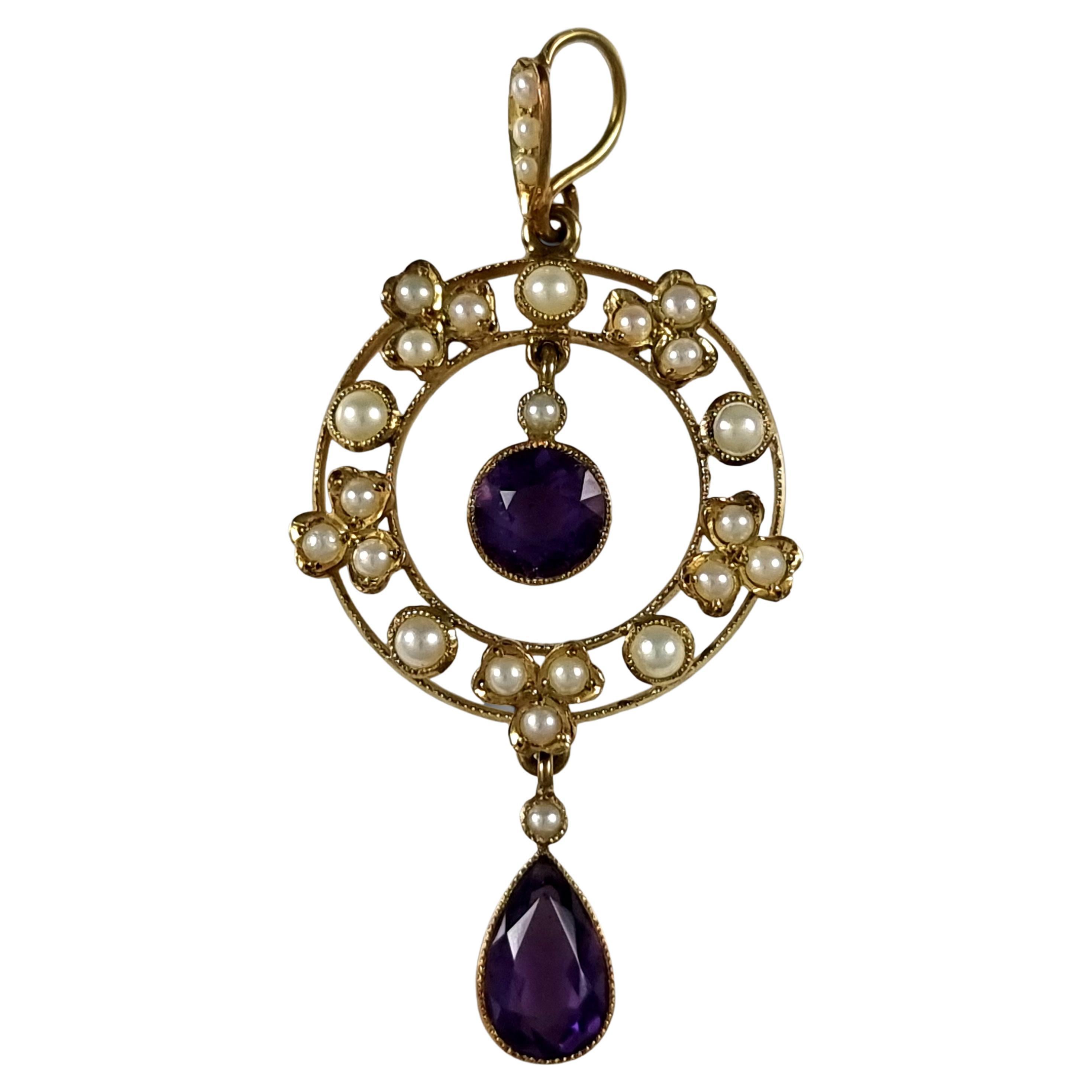 Edwardian 15ct Gold Amethyst and Seed Pearl Pendant For Sale