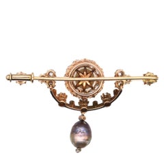Edwardian 15ct Gold, Diamond, Black and White Pearl Bar Brooch