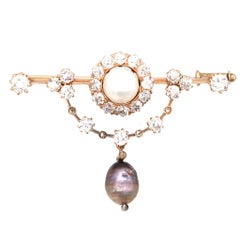 Edwardian 15ct Gold, Diamond, Black and White Pearl Bar Brooch