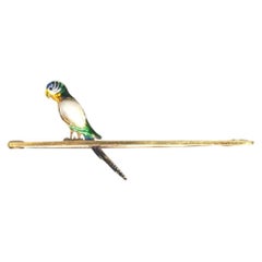 Edwardian 15ct Gold Enamel & Pearl Parrot Bar Brooch