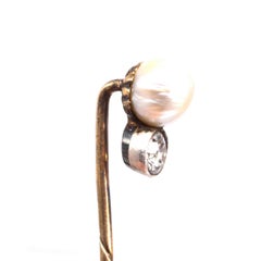 Edwardian 15ct Gold Natural Pearl and Diamond Tie Pin