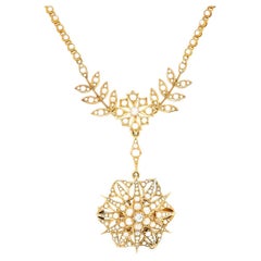 Edwardian 15ct Gold Pearl and Diamond Collarette with Pendant & Star Brooch