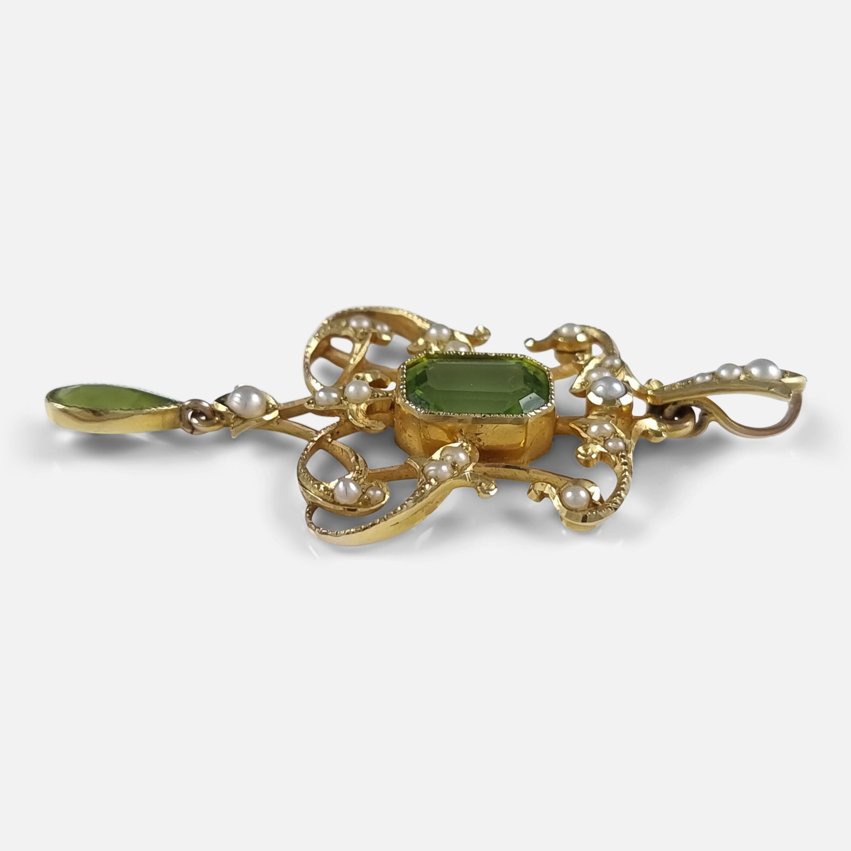 Pear Cut Edwardian 15ct Gold Peridot and Seed Pearl Pendant For Sale
