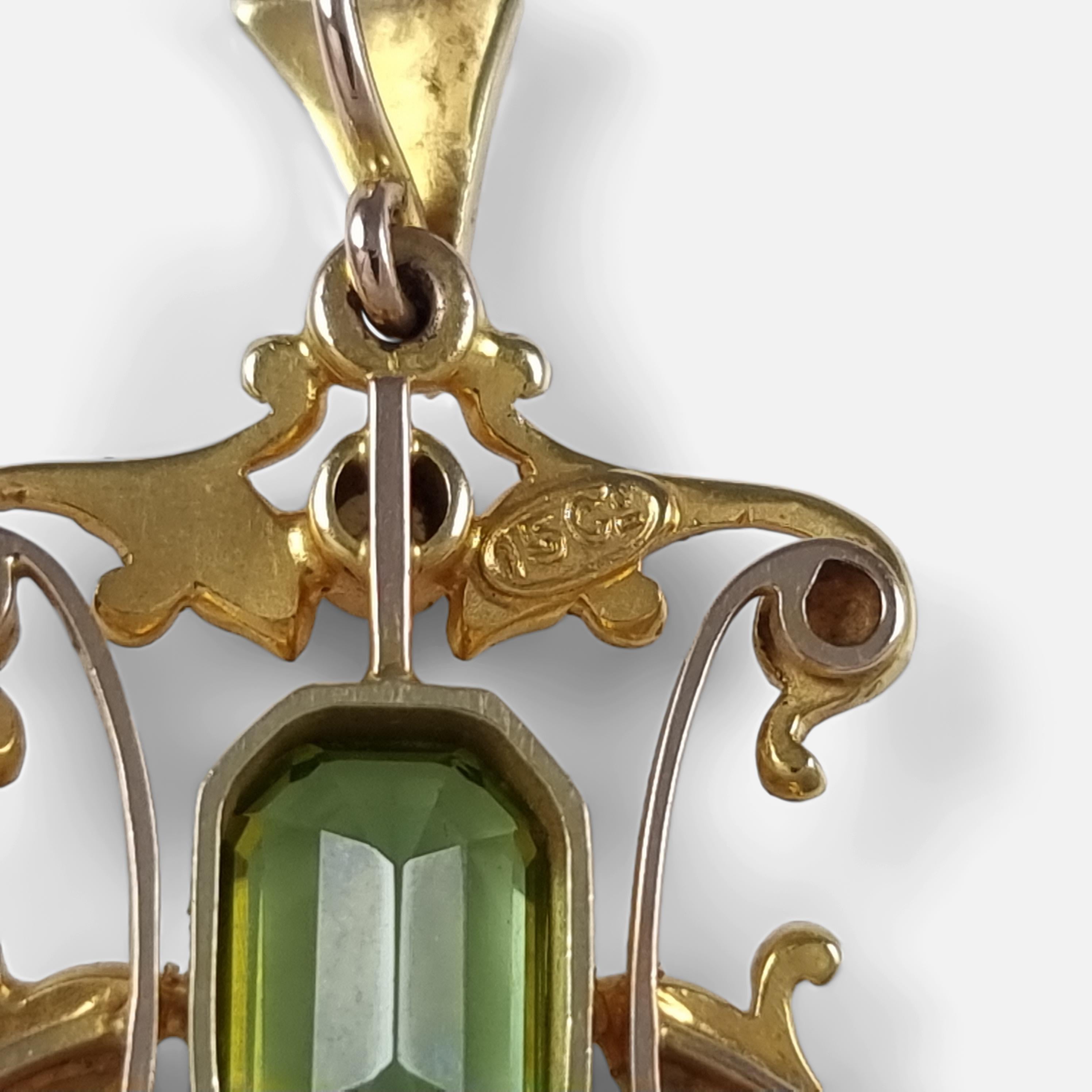 Women's Edwardian 15ct Gold Peridot and Seed Pearl Pendant For Sale