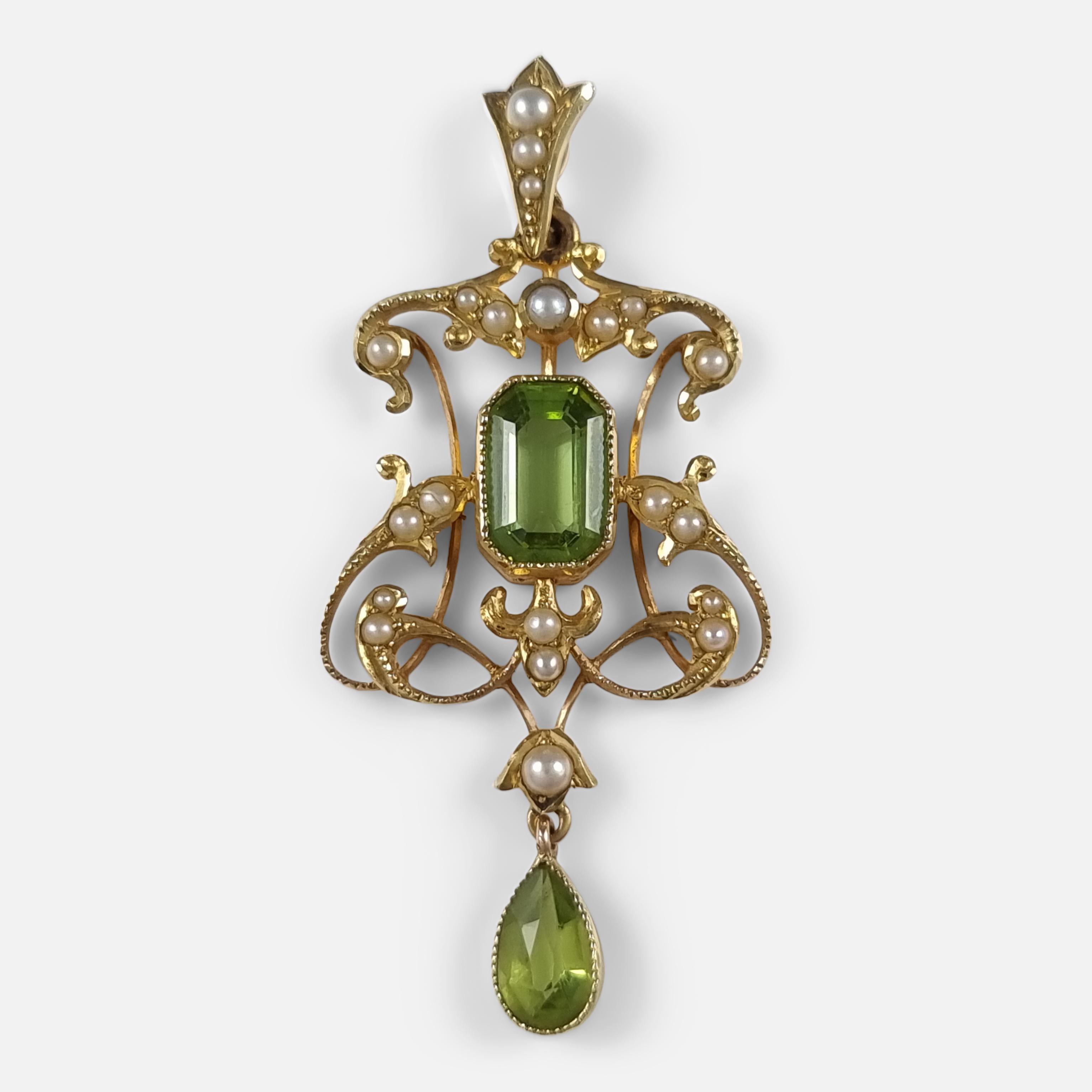 Edwardian 15ct Gold Peridot and Seed Pearl Pendant For Sale 1