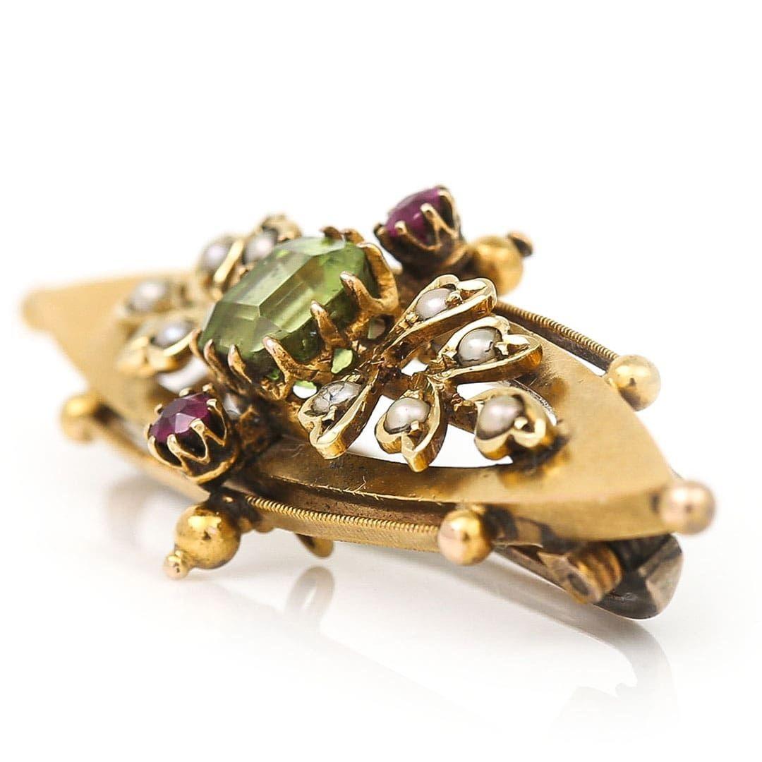 Square Cut Edwardian 15ct Gold Peridot, Ruby and Pearl Suffragette Brooch, Circa 1905