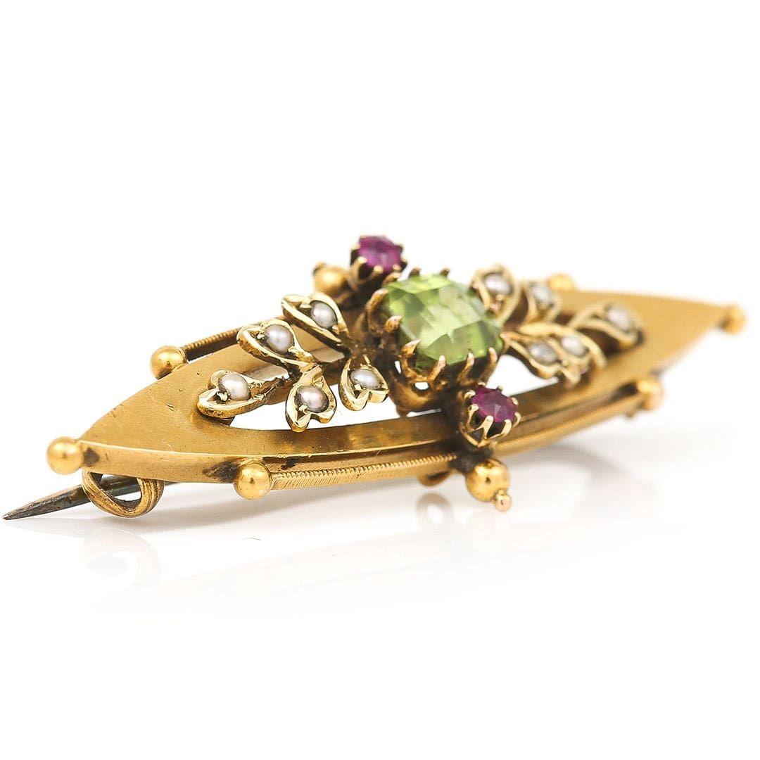 Edwardian 15ct Gold Peridot, Ruby and Pearl Suffragette Brooch, Circa 1905 In Good Condition In Lancashire, Oldham