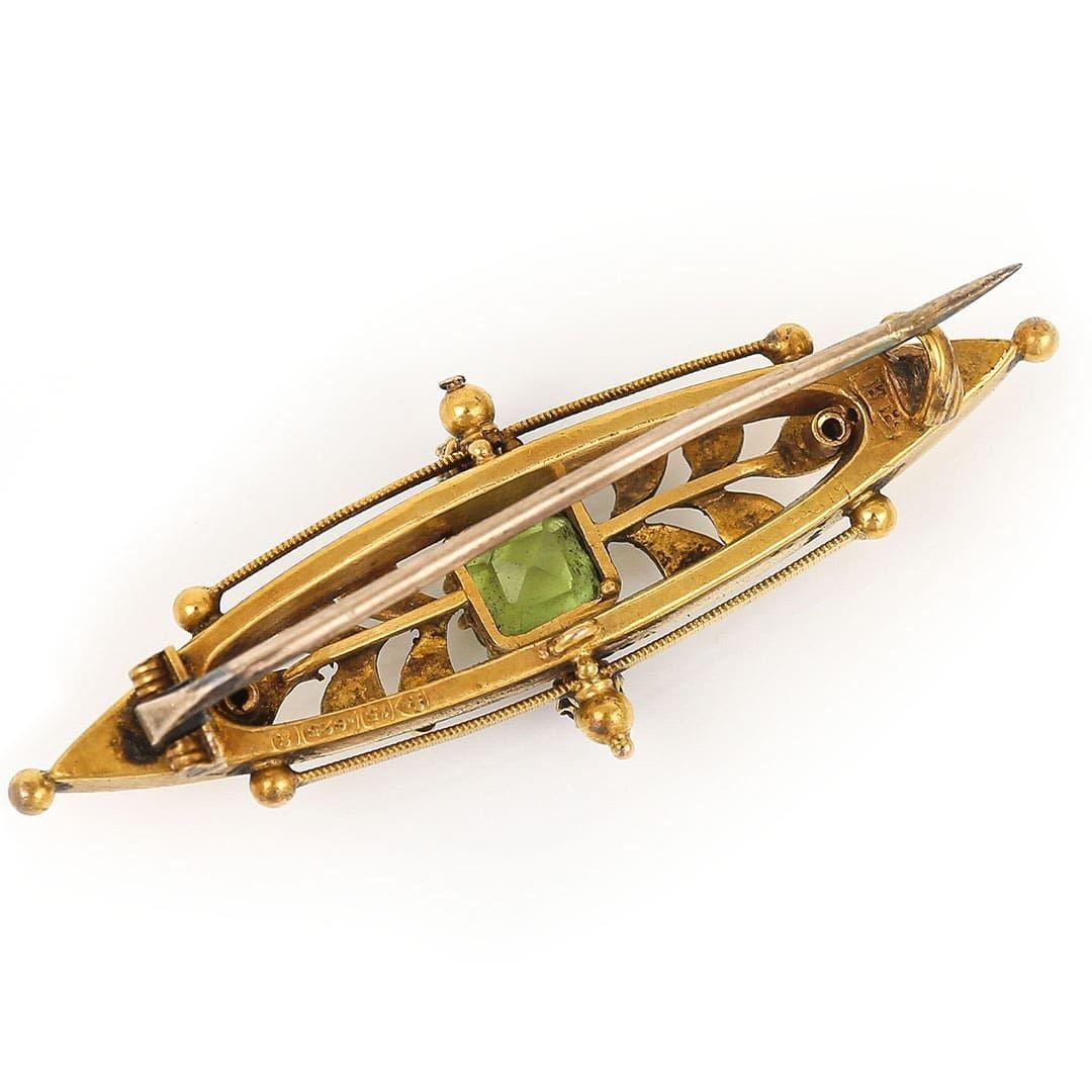 Edwardian 15ct Gold Peridot, Ruby and Pearl Suffragette Brooch, Circa 1905 1