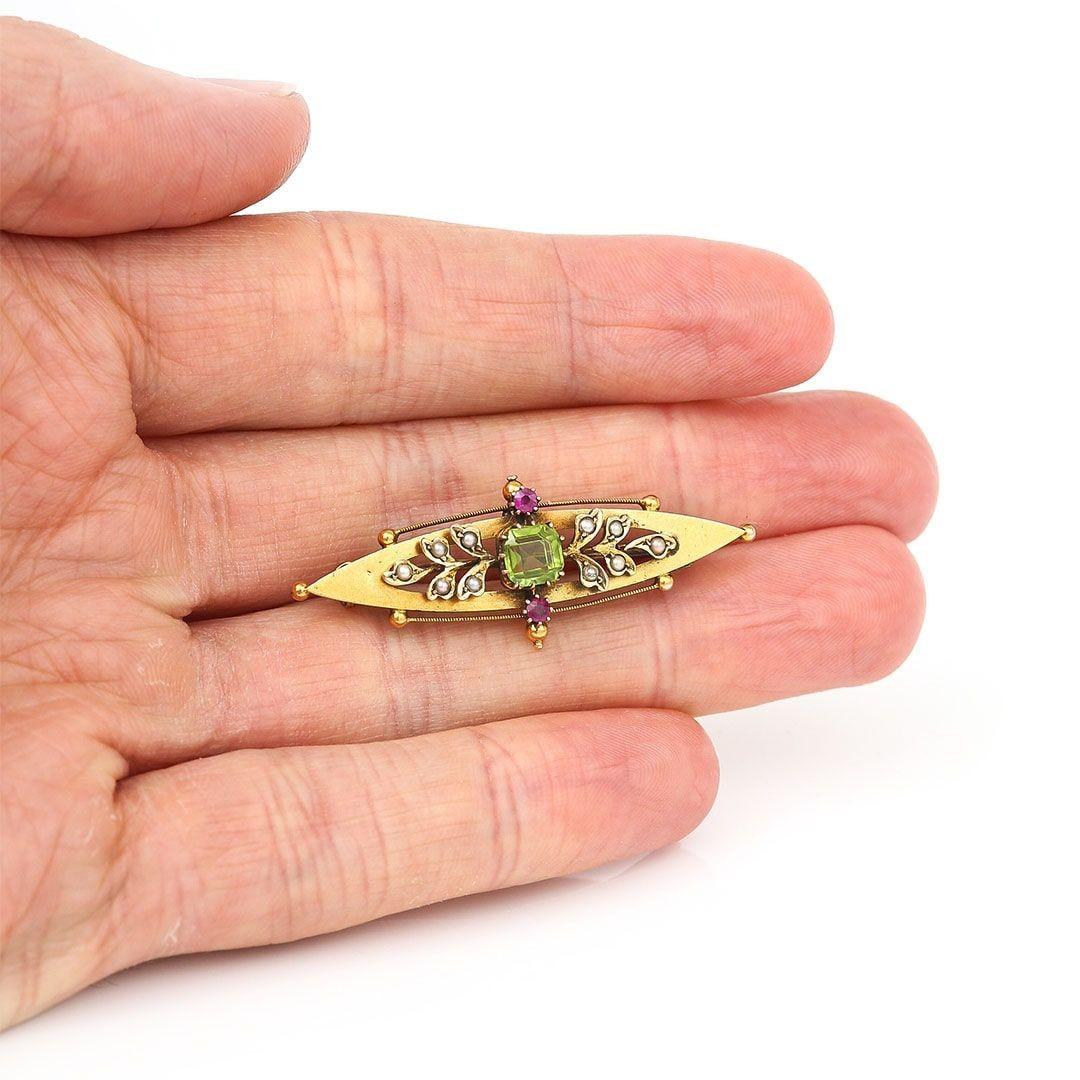 Edwardian 15ct Gold Peridot, Ruby and Pearl Suffragette Brooch, Circa 1905 4