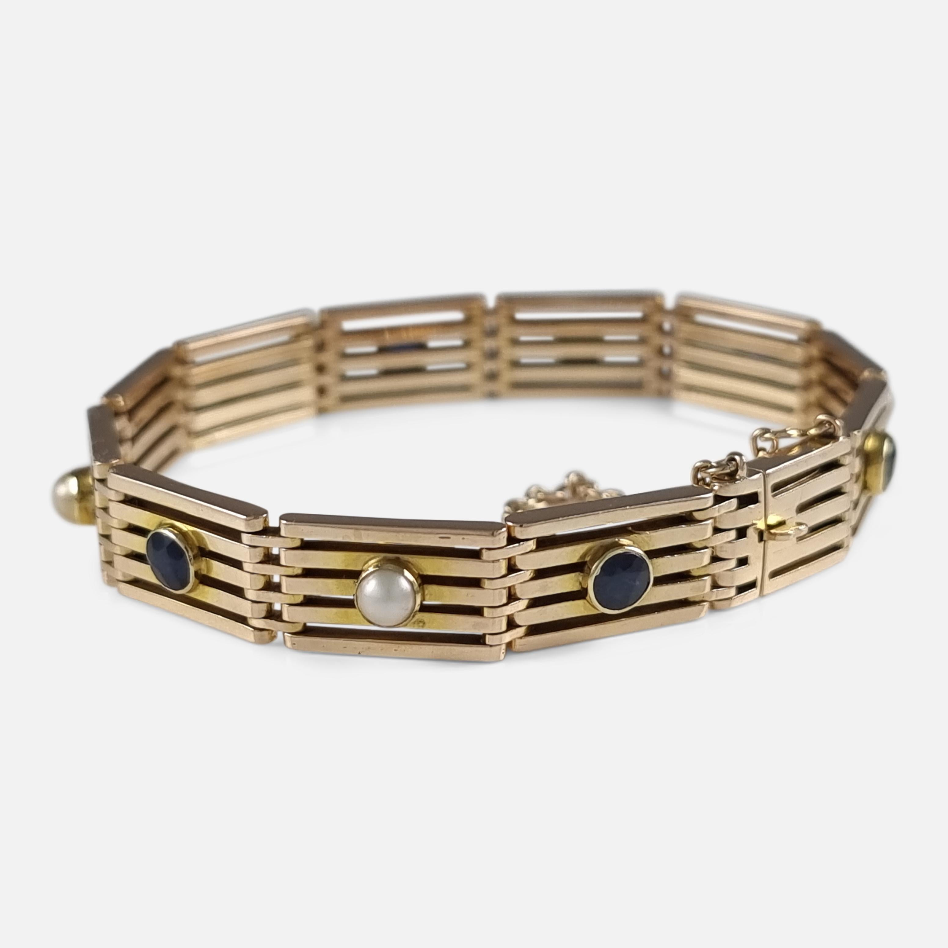 Women's Edwardian 15ct Gold Sapphire and Pearl Gate Link Bracelet