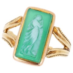 Antique Edwardian 15ct Yellow Gold Chrysoprase Carved Cameo Ring, Circa 1904