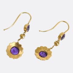 Edwardian 15k Gold Amethyst & Pearl Cluster Drop Earrings, Circa 1910