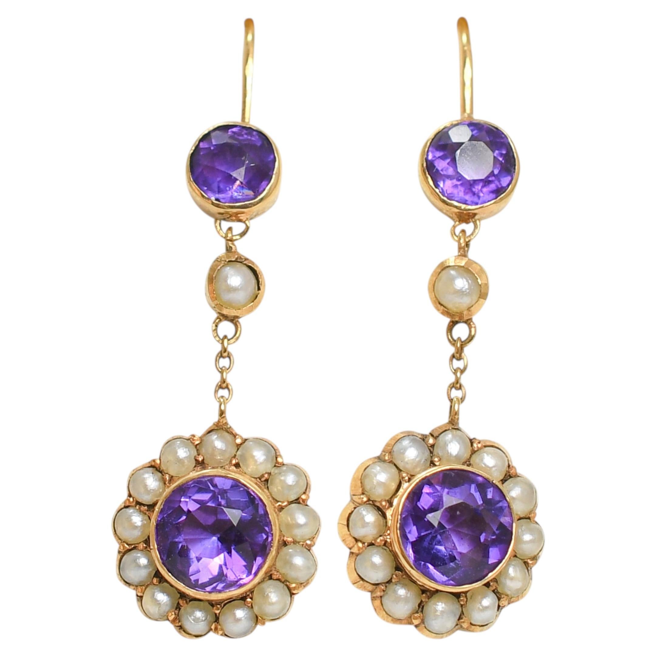 Edwardian 15k Gold Amethyst & Pearl Cluster Drop Earrings, Circa 1910