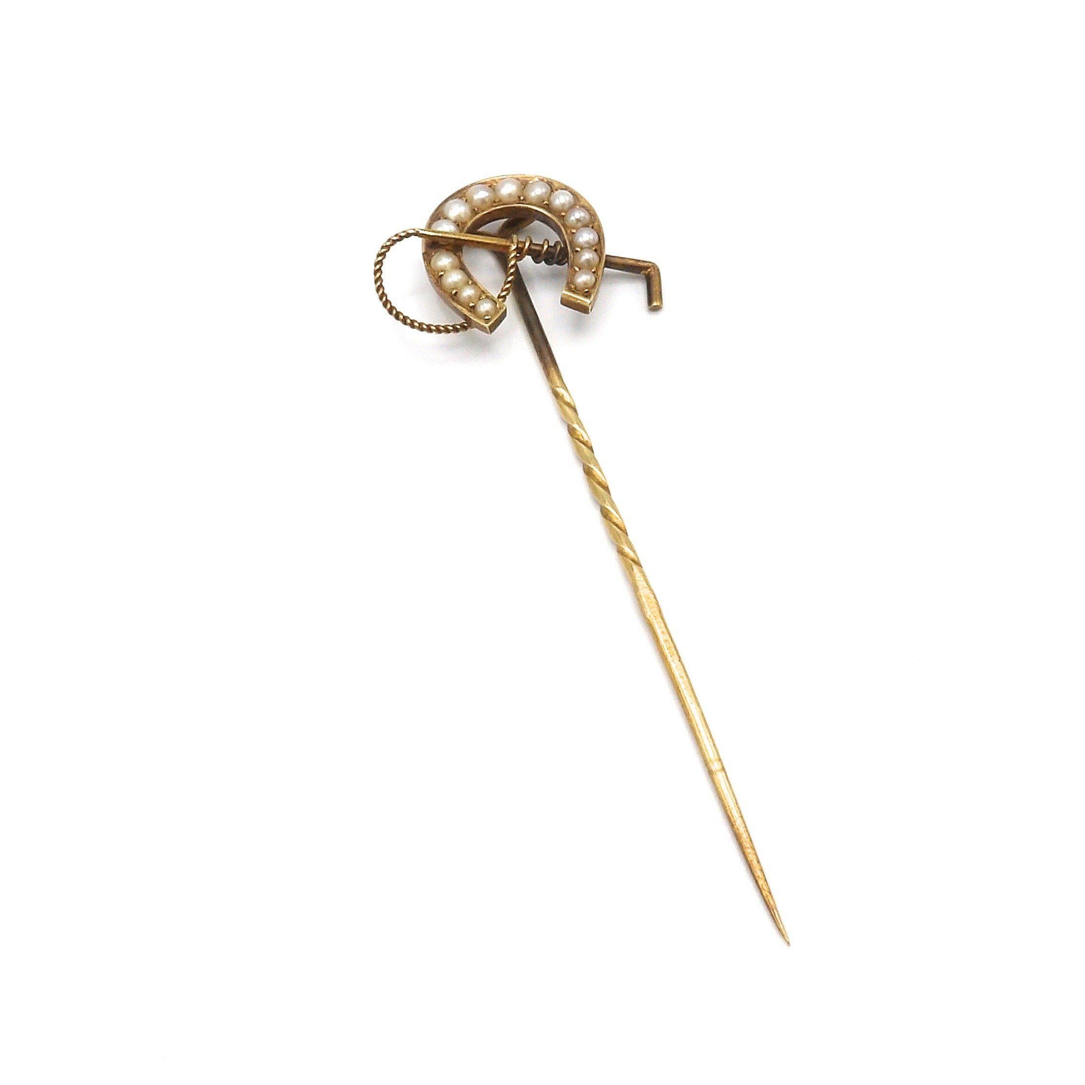 Bead Edwardian 15k Gold & Pearl Horseshoe Stick Pin For Sale