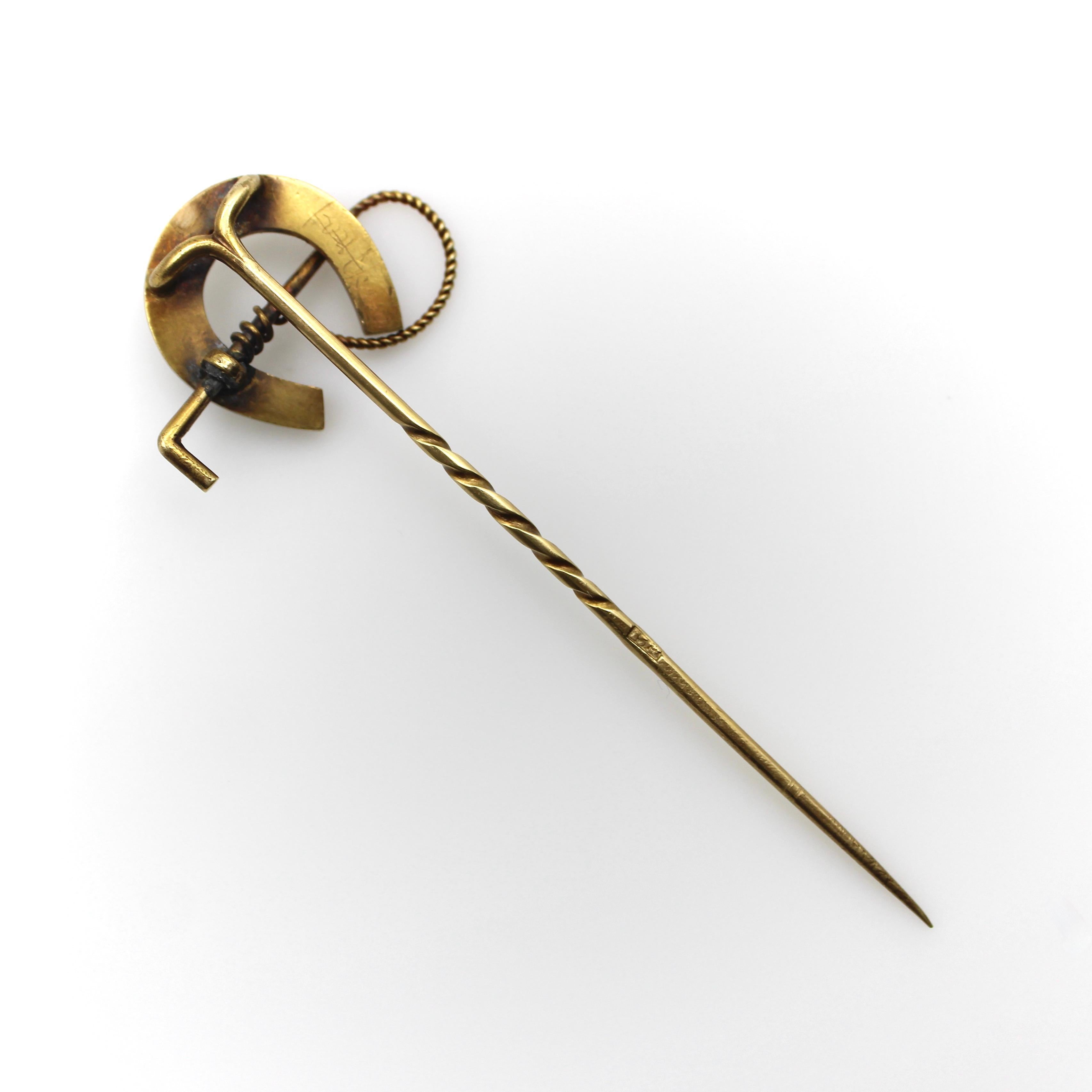 Edwardian 15k Gold & Pearl Horseshoe Stick Pin In Good Condition For Sale In Venice, CA