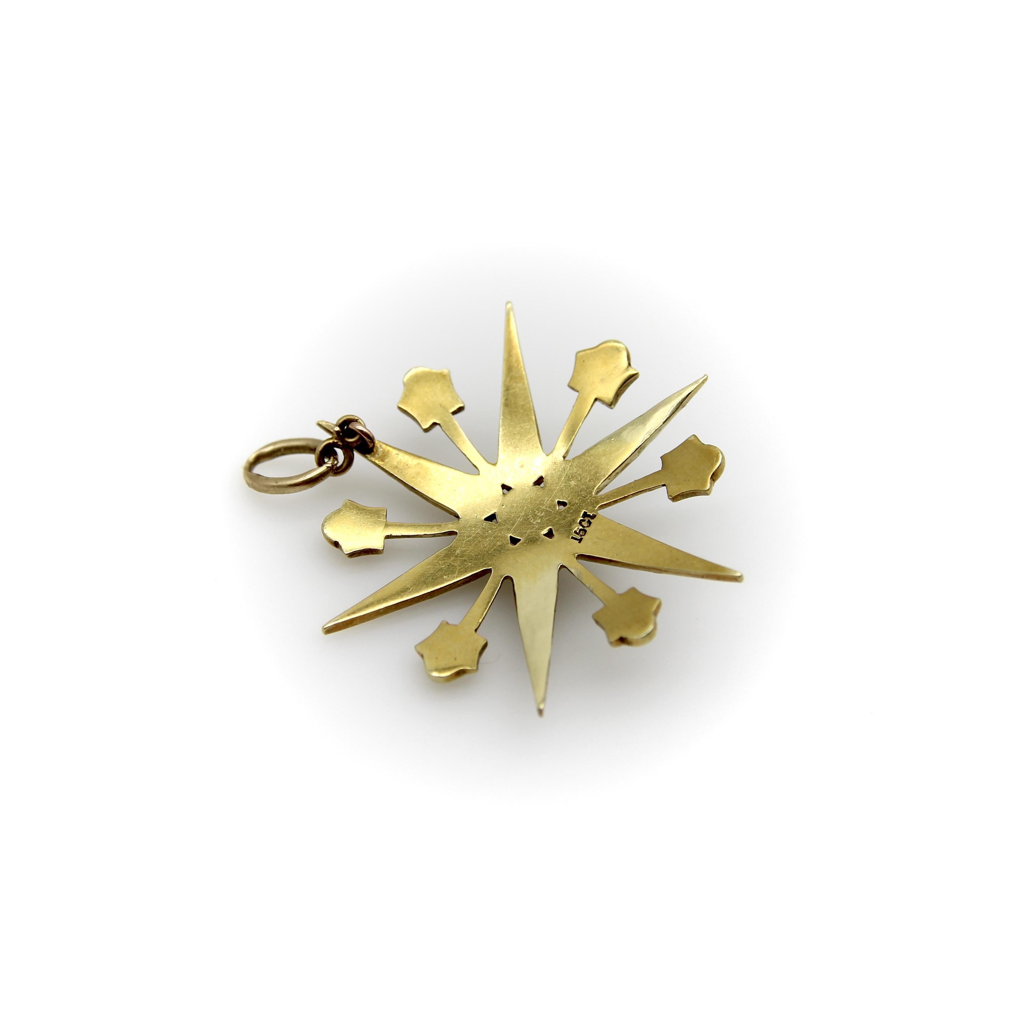 Ciondolo a forma di stella radiante in oro 15 carati con perle In condizioni buone in vendita a Venice, CA