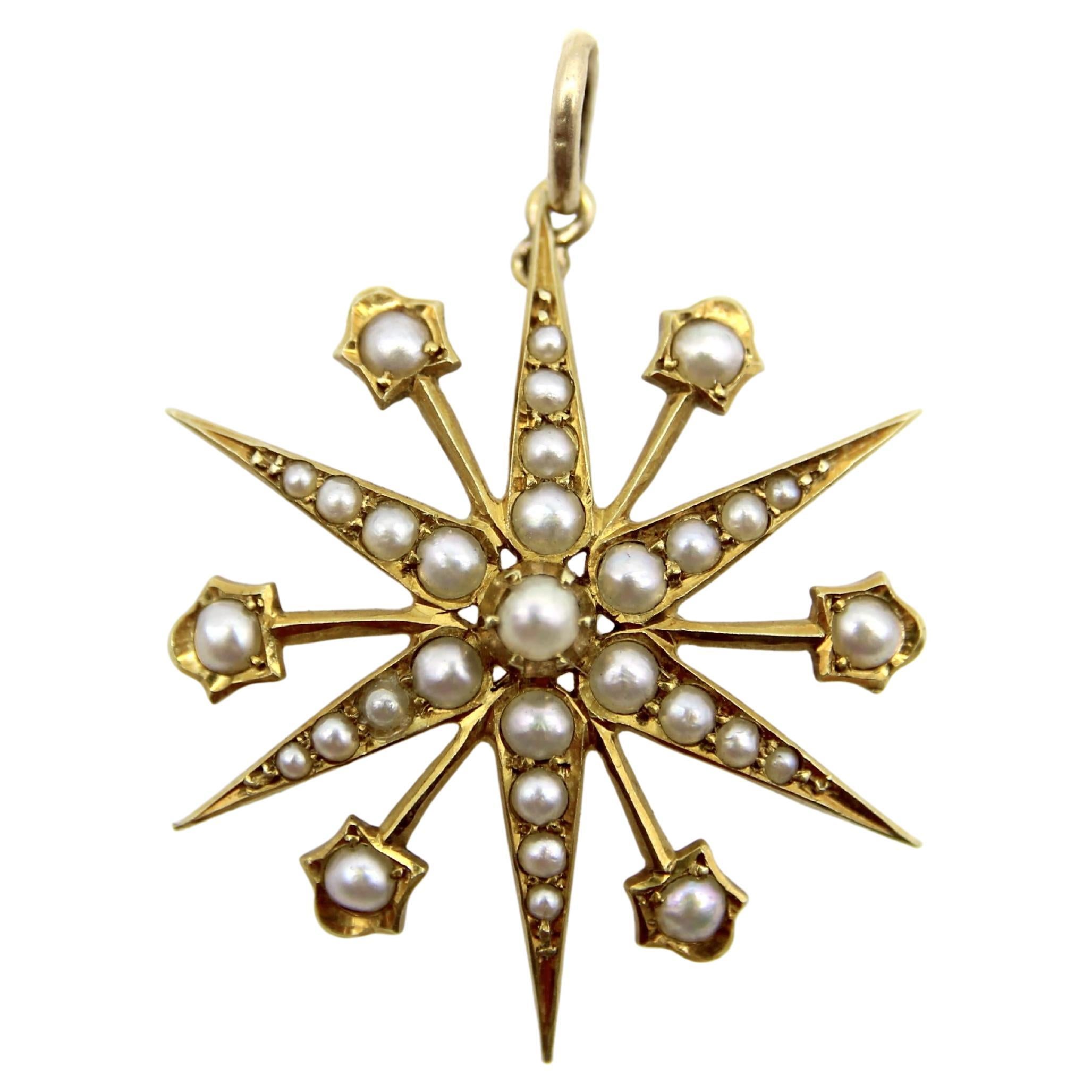 Edwardian 15K Gold Radiating Star Pendant with Pearls
