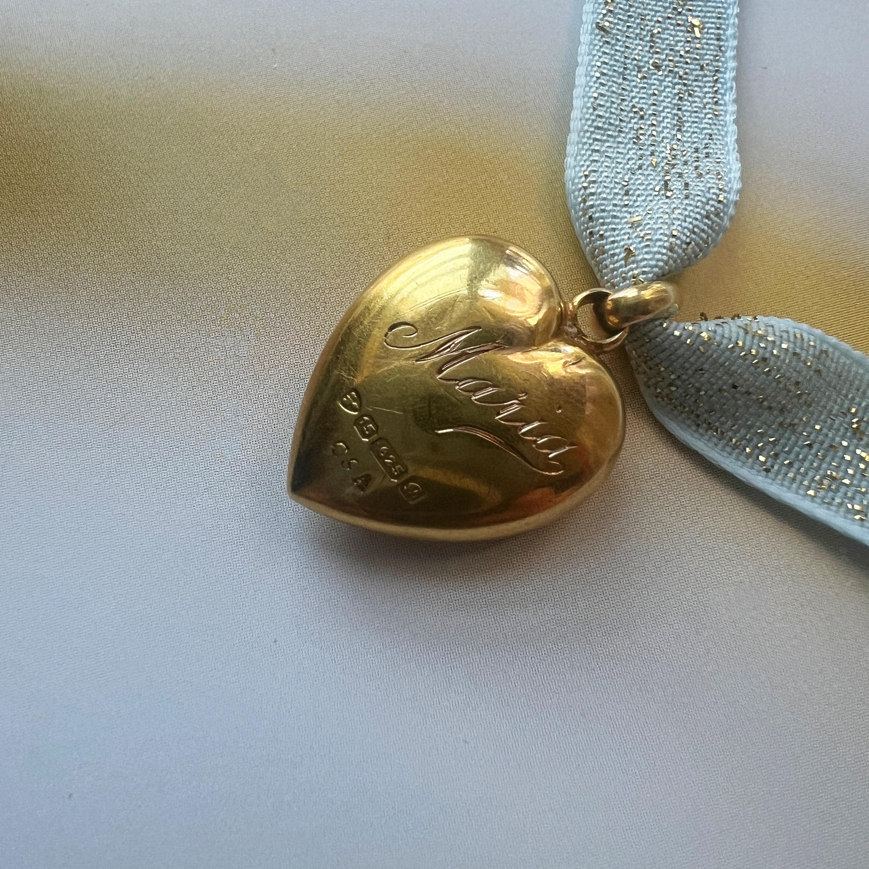 Edwardian 15K gold sapphire star puffy heart charm pendant 4