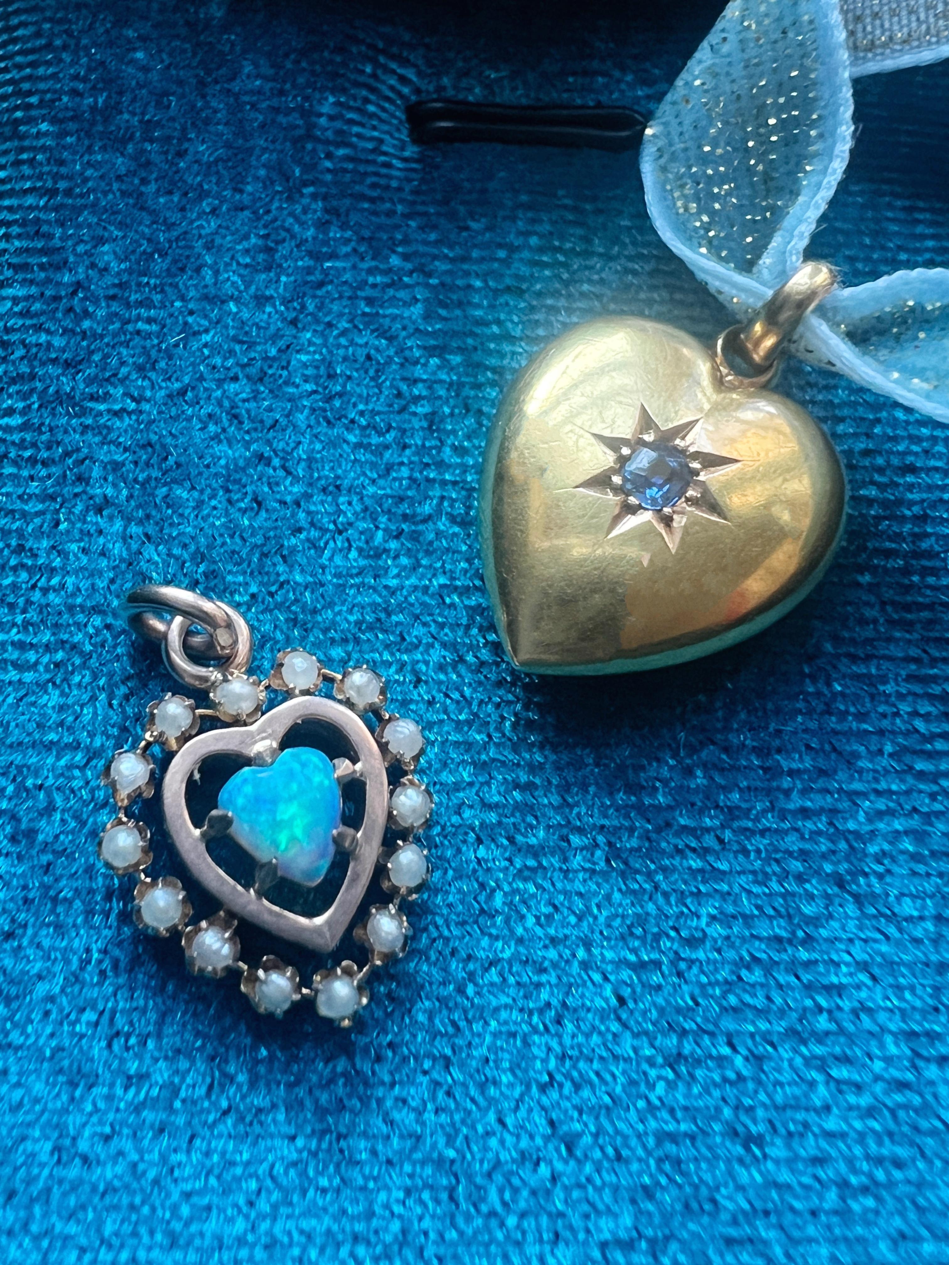 Women's or Men's Edwardian 15K gold sapphire star puffy heart charm pendant