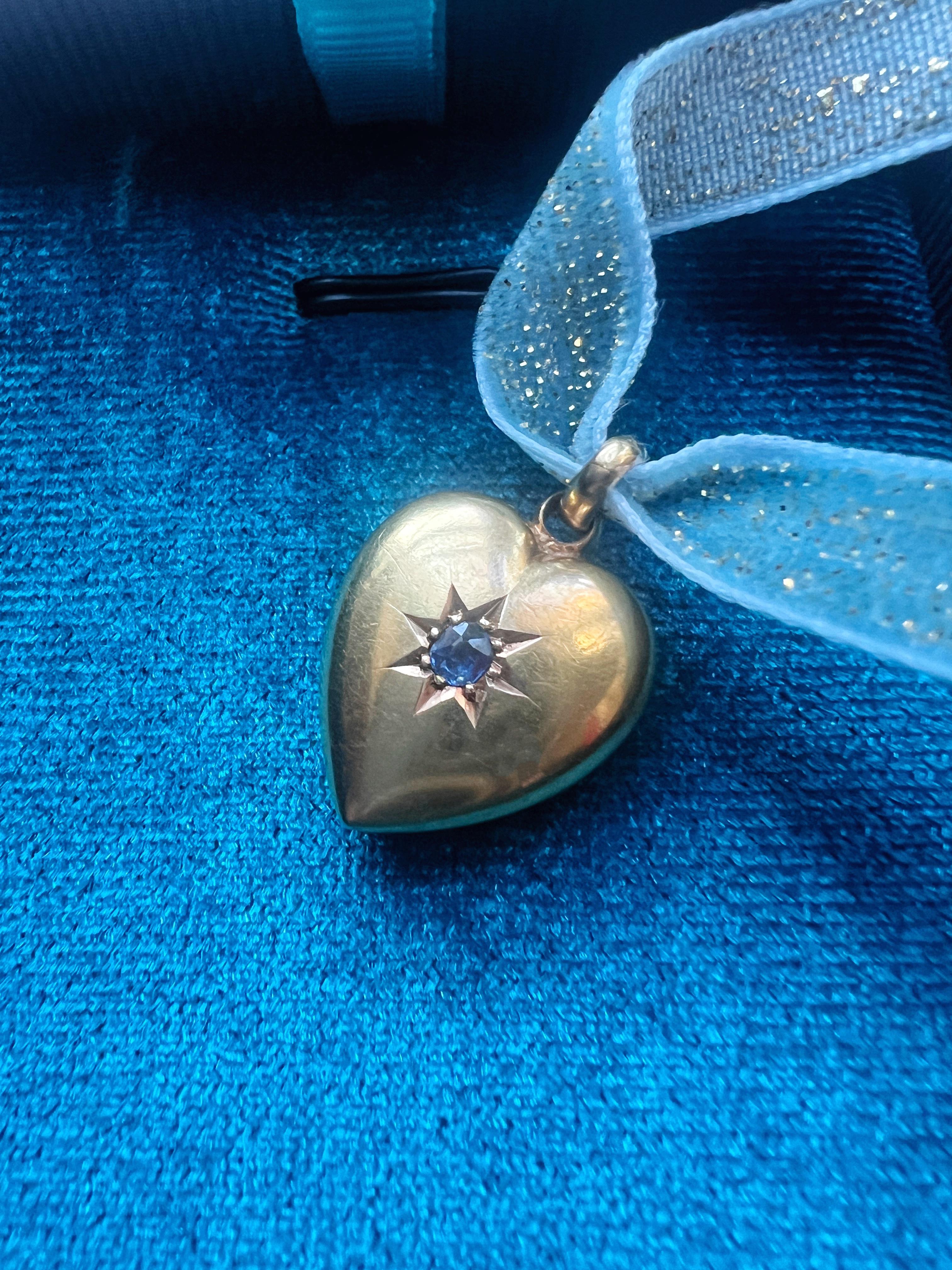 Edwardian 15K gold sapphire star puffy heart charm pendant 1