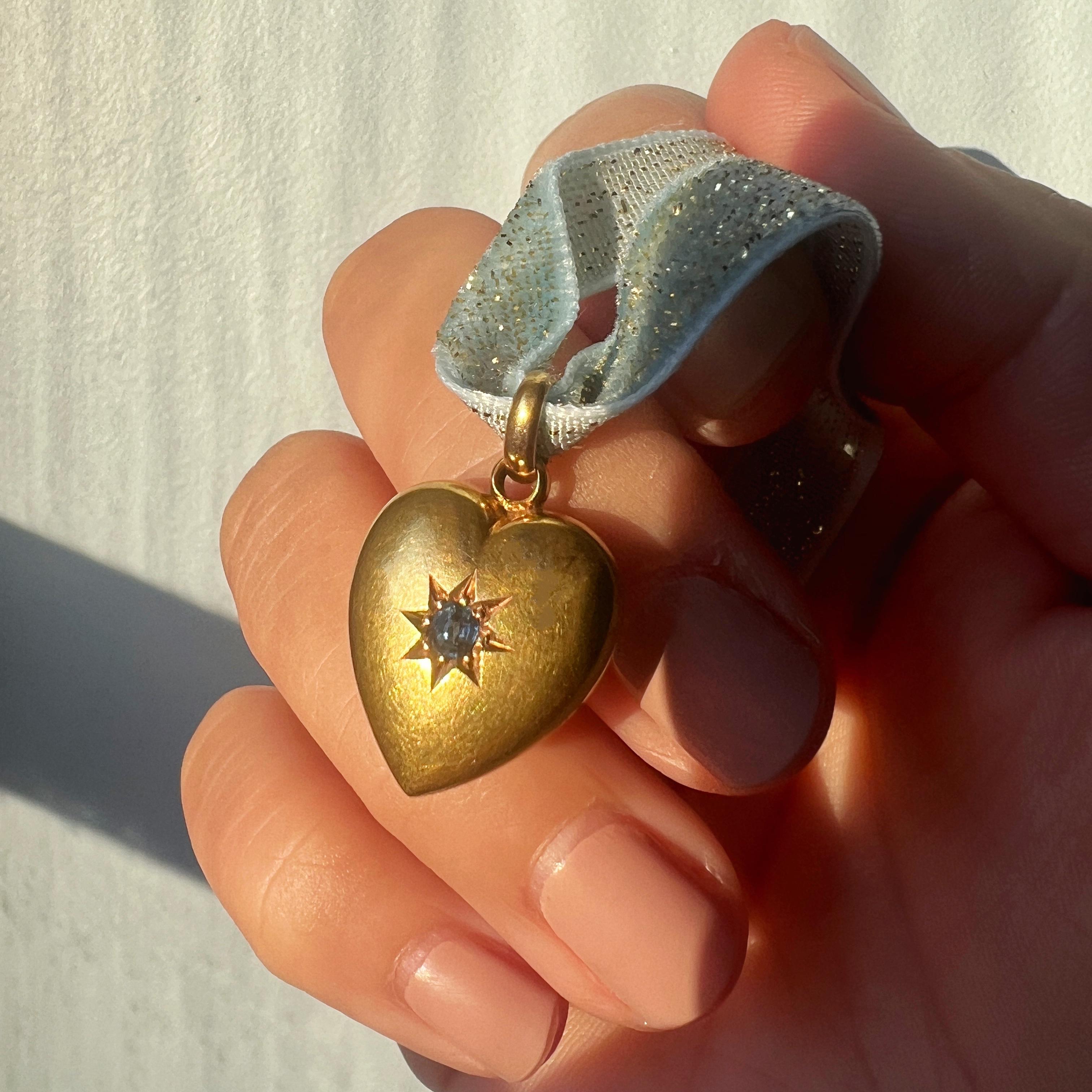 Edwardian 15K gold sapphire star puffy heart charm pendant 2