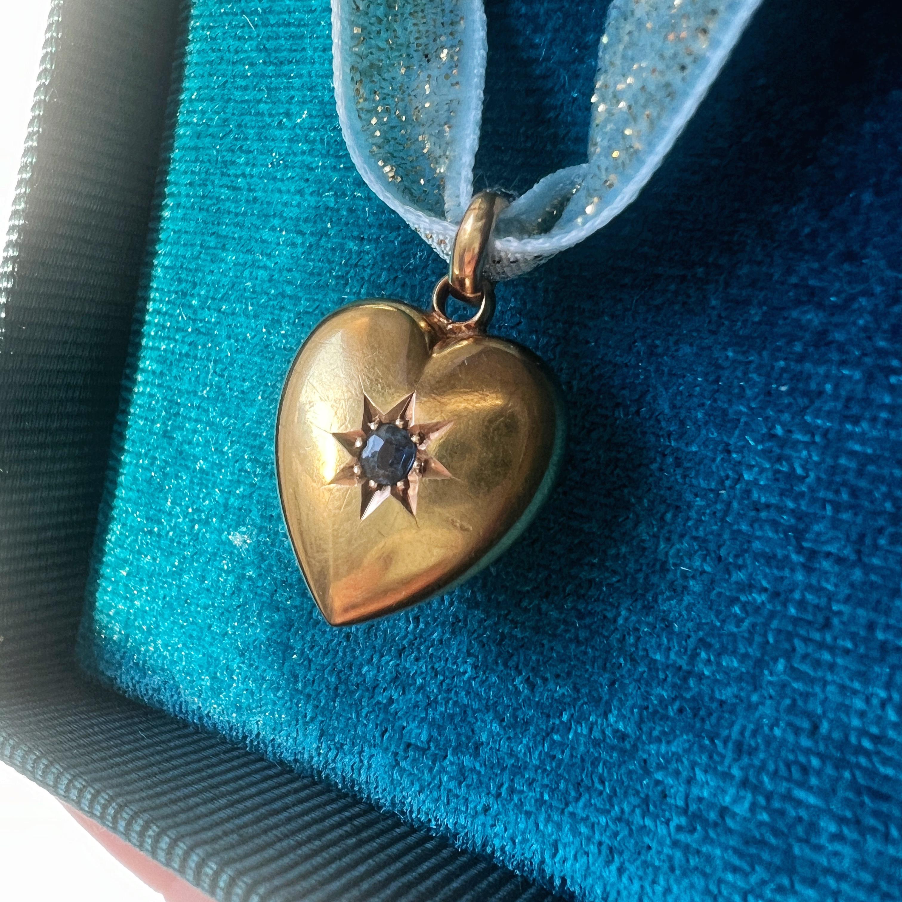 Edwardian 15K gold sapphire star puffy heart charm pendant 3