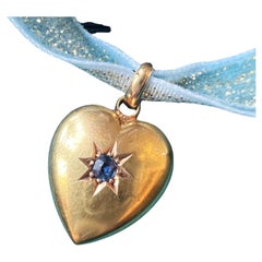 Edwardian 15K gold sapphire star puffy heart charm pendant