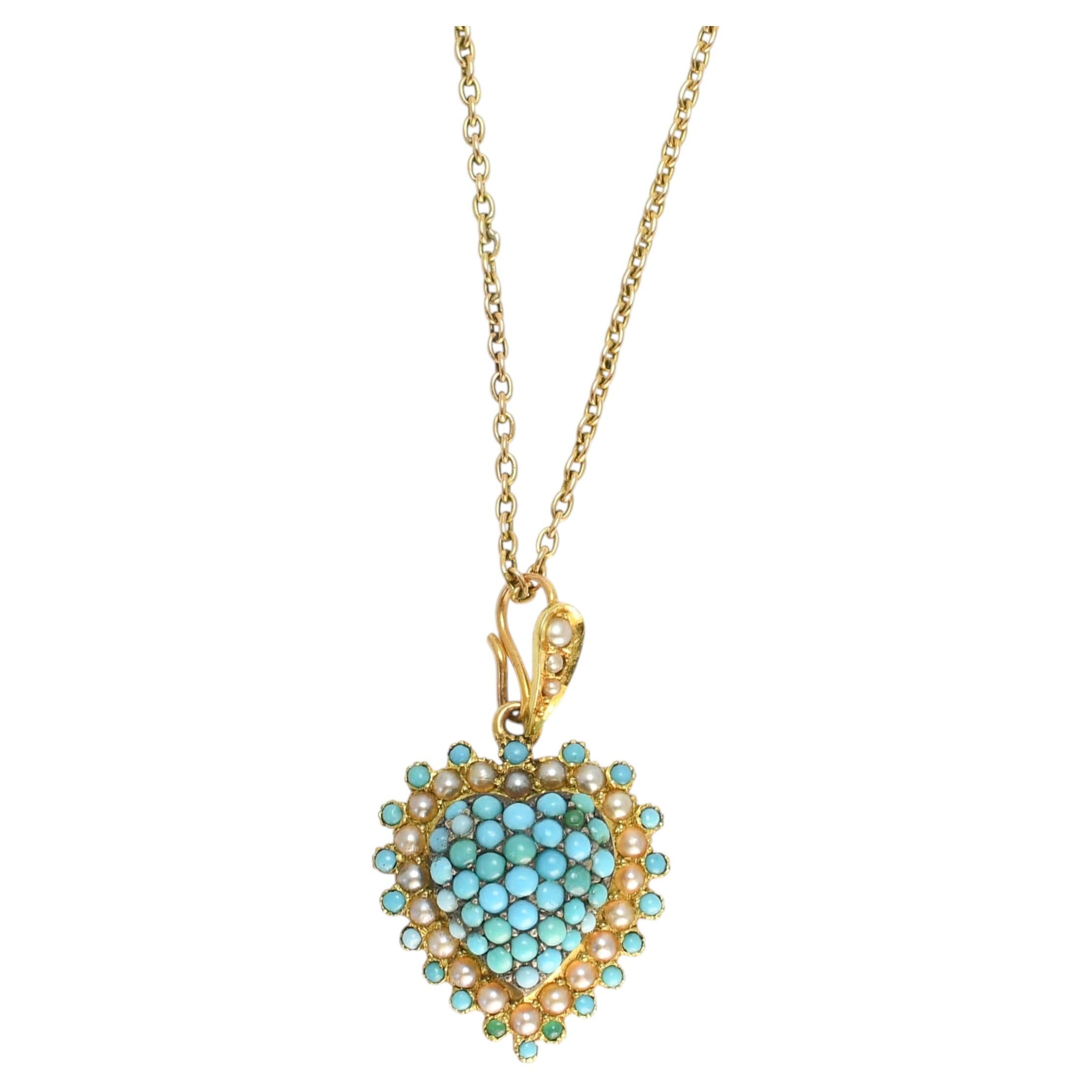 Ciondolo a forma di cuore con turchese e perla in oro 15k, CIRCA 1910