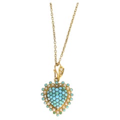 Edwardian 15k Gold Turquoise & Pearl Heart Locket Pendant, Circa 1910