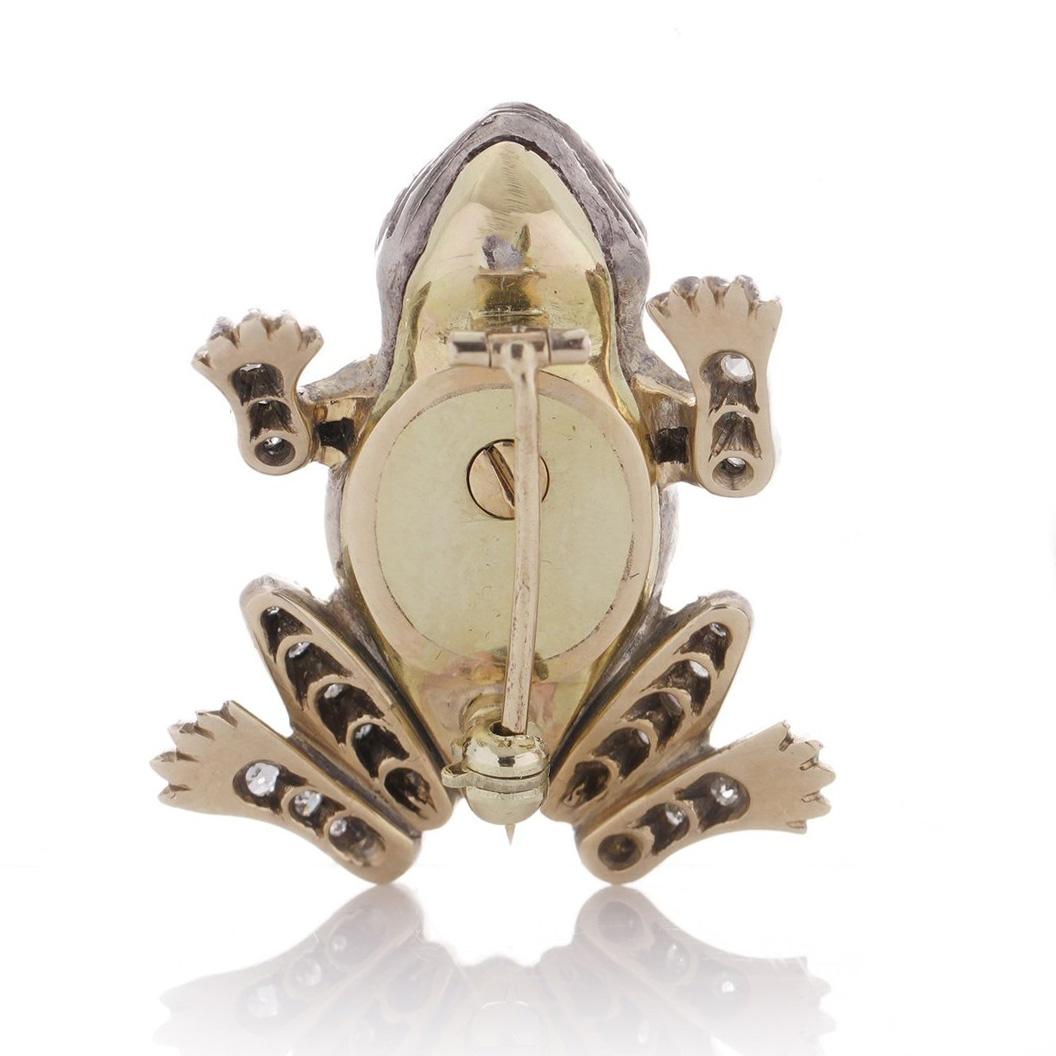 Women's or Men's Edwardian 15kt gold and silver frog brooch with diamonds and rubies For Sale