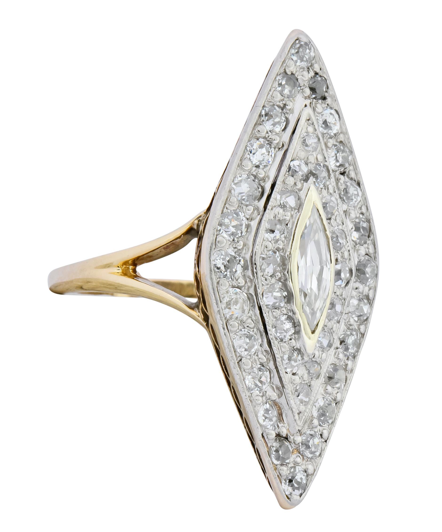 Dinner style ring designed as a double navette halo with a millegrain edge 

Platinum and set throughout with old European cut and marquise cut diamonds weighing approximately 1.60 carats total, G to J color and SI to I clarity 

Completed by a