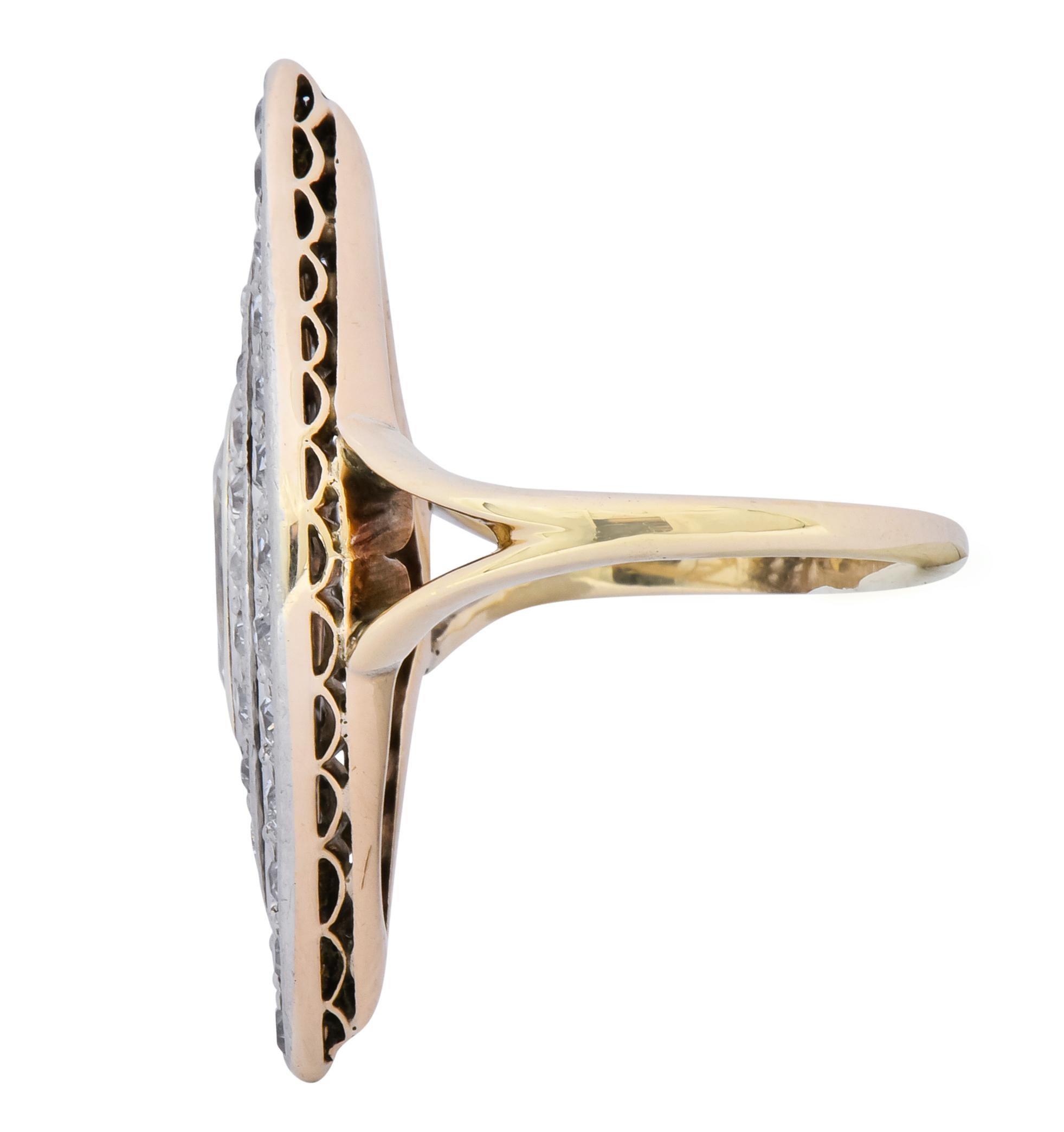 Women's or Men's Edwardian 1.60 Carat Diamond Platinum-Topped 14 Karat Gold Navette Dinner Ring