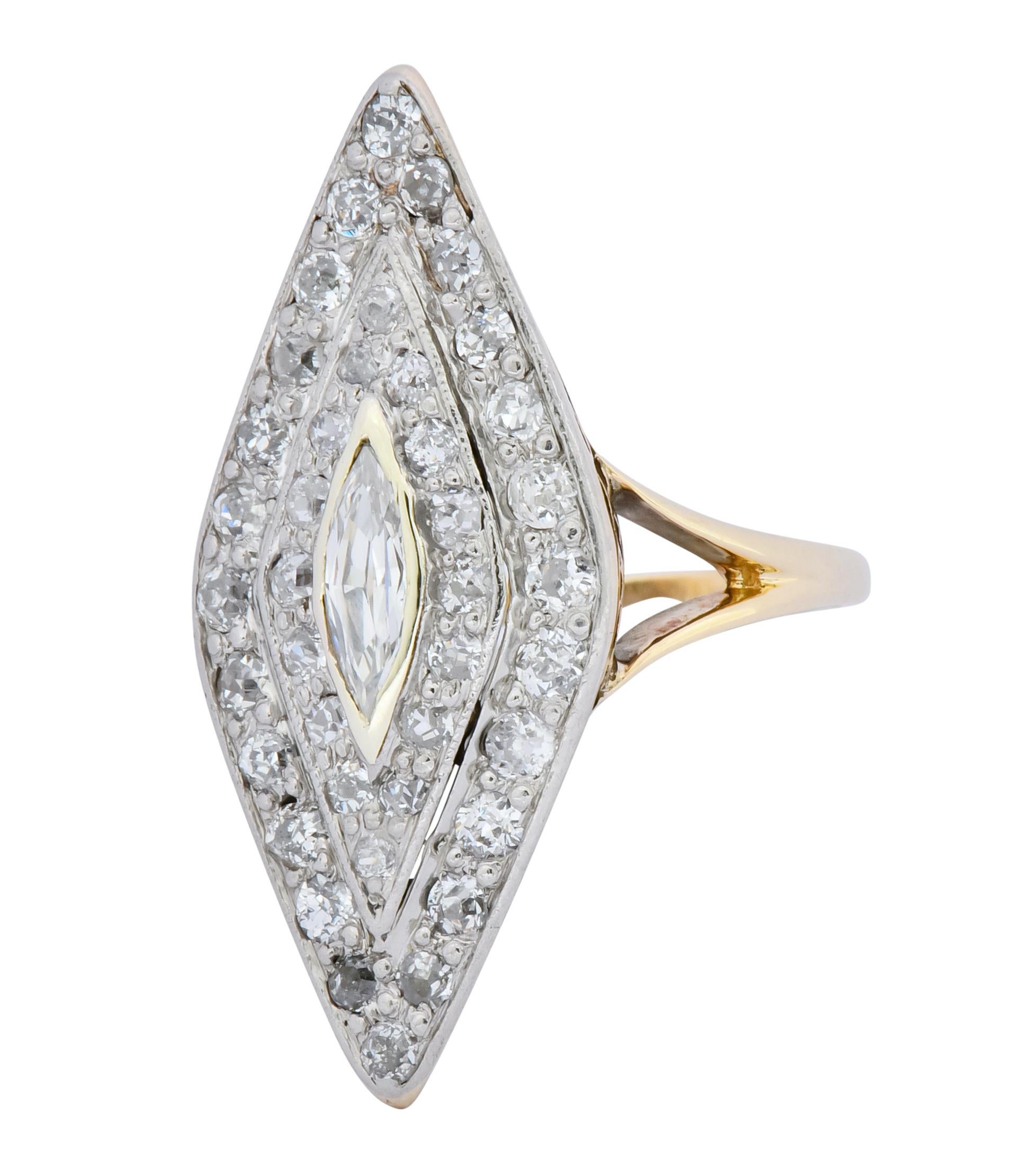 Edwardian 1.60 Carat Diamond Platinum-Topped 14 Karat Gold Navette Dinner Ring 1