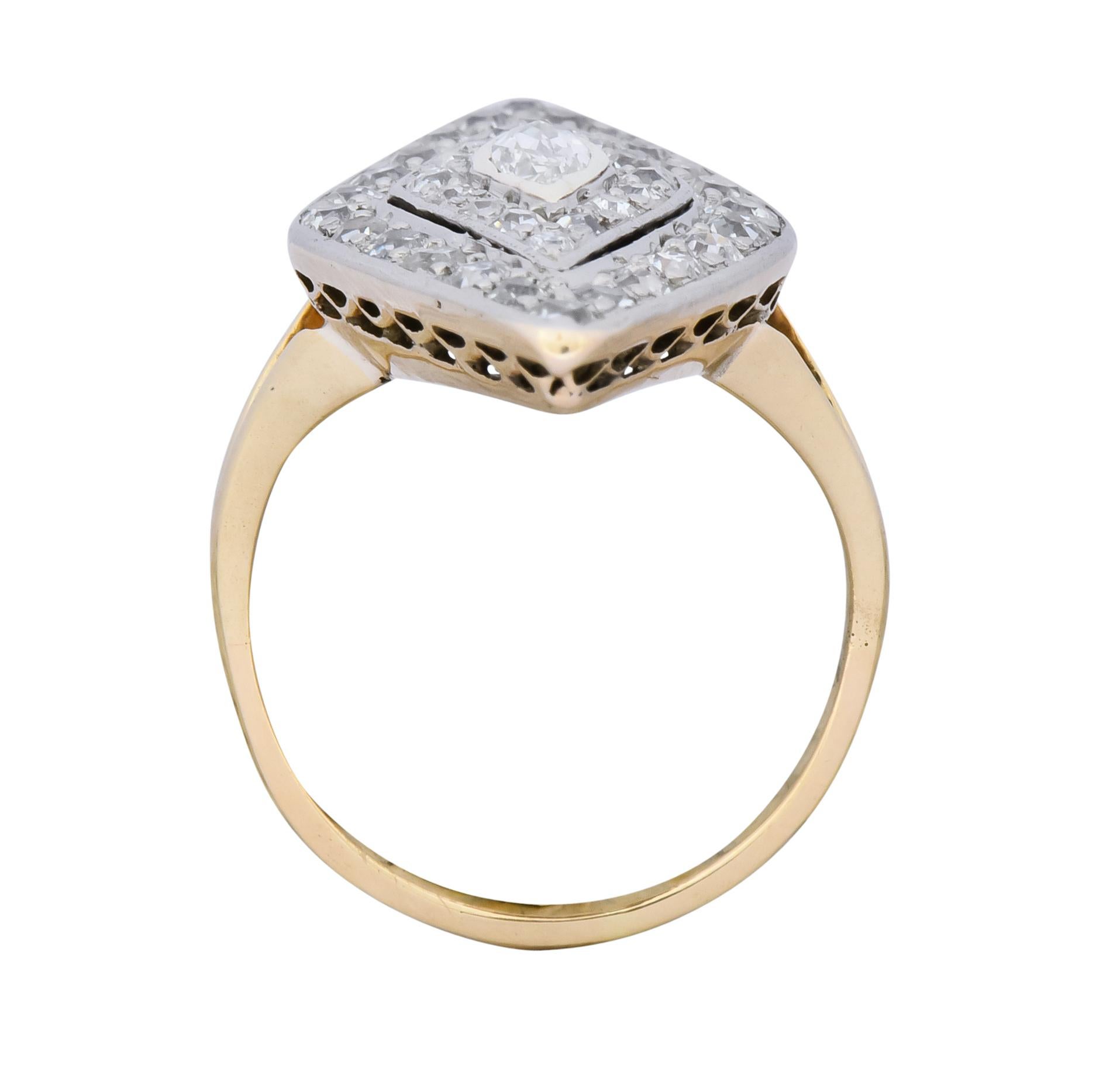 Edwardian 1.60 Carat Diamond Platinum-Topped 14 Karat Gold Navette Dinner Ring 2