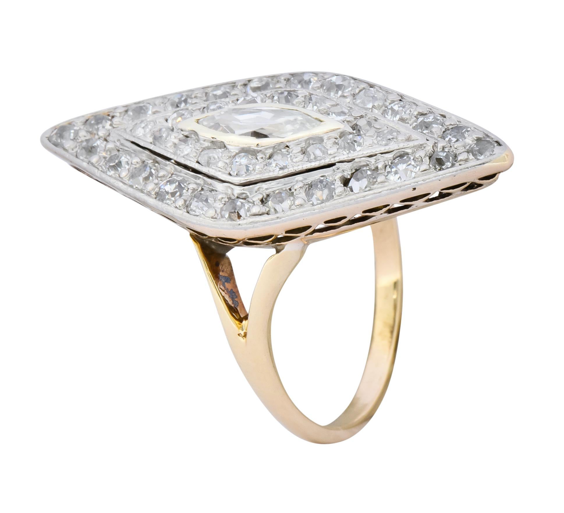 Edwardian 1.60 Carat Diamond Platinum-Topped 14 Karat Gold Navette Dinner Ring 3