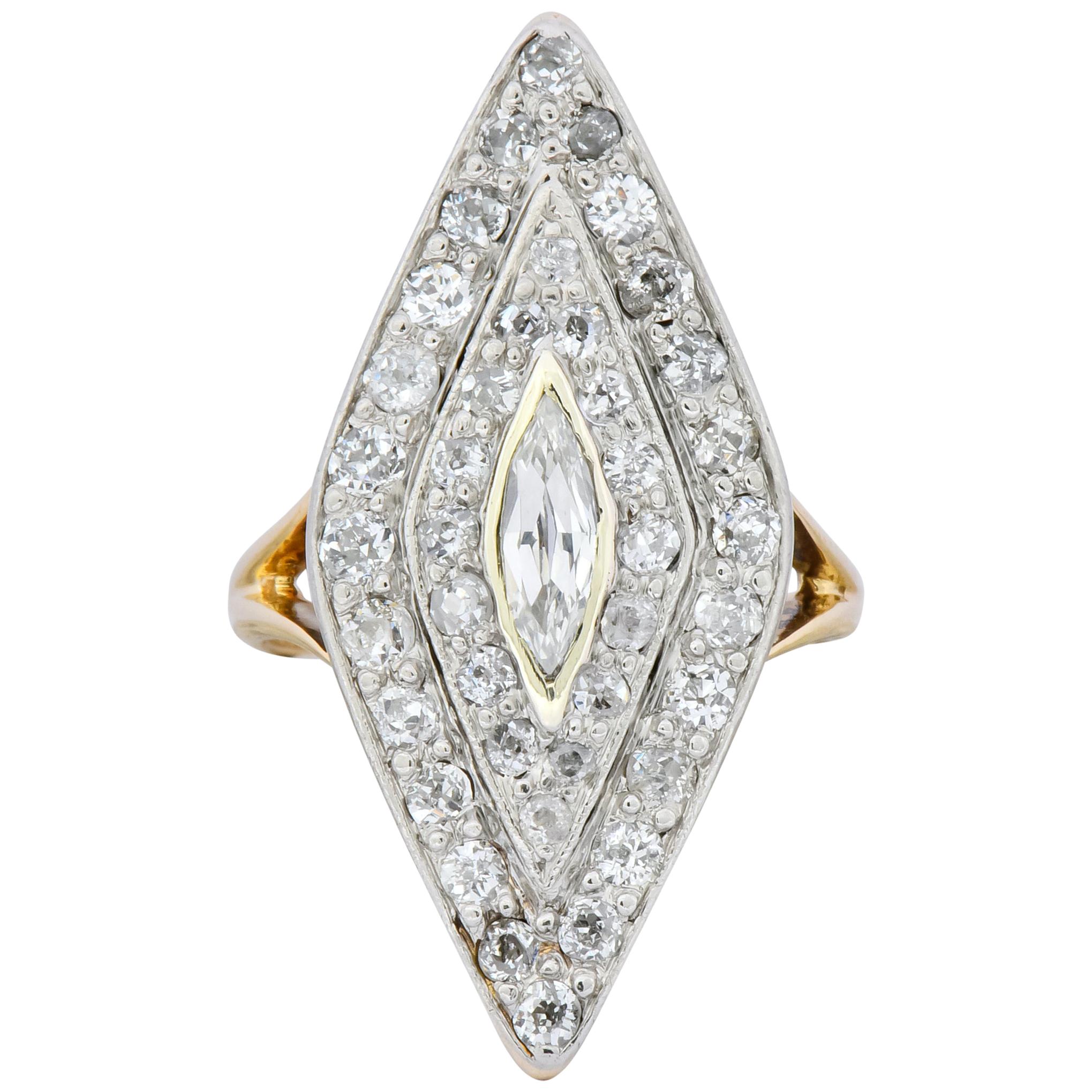 Edwardian 1.60 Carat Diamond Platinum-Topped 14 Karat Gold Navette Dinner Ring
