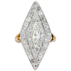 Edwardian 1.60 Carat Diamond Platinum-Topped 14 Karat Gold Navette Dinner Ring