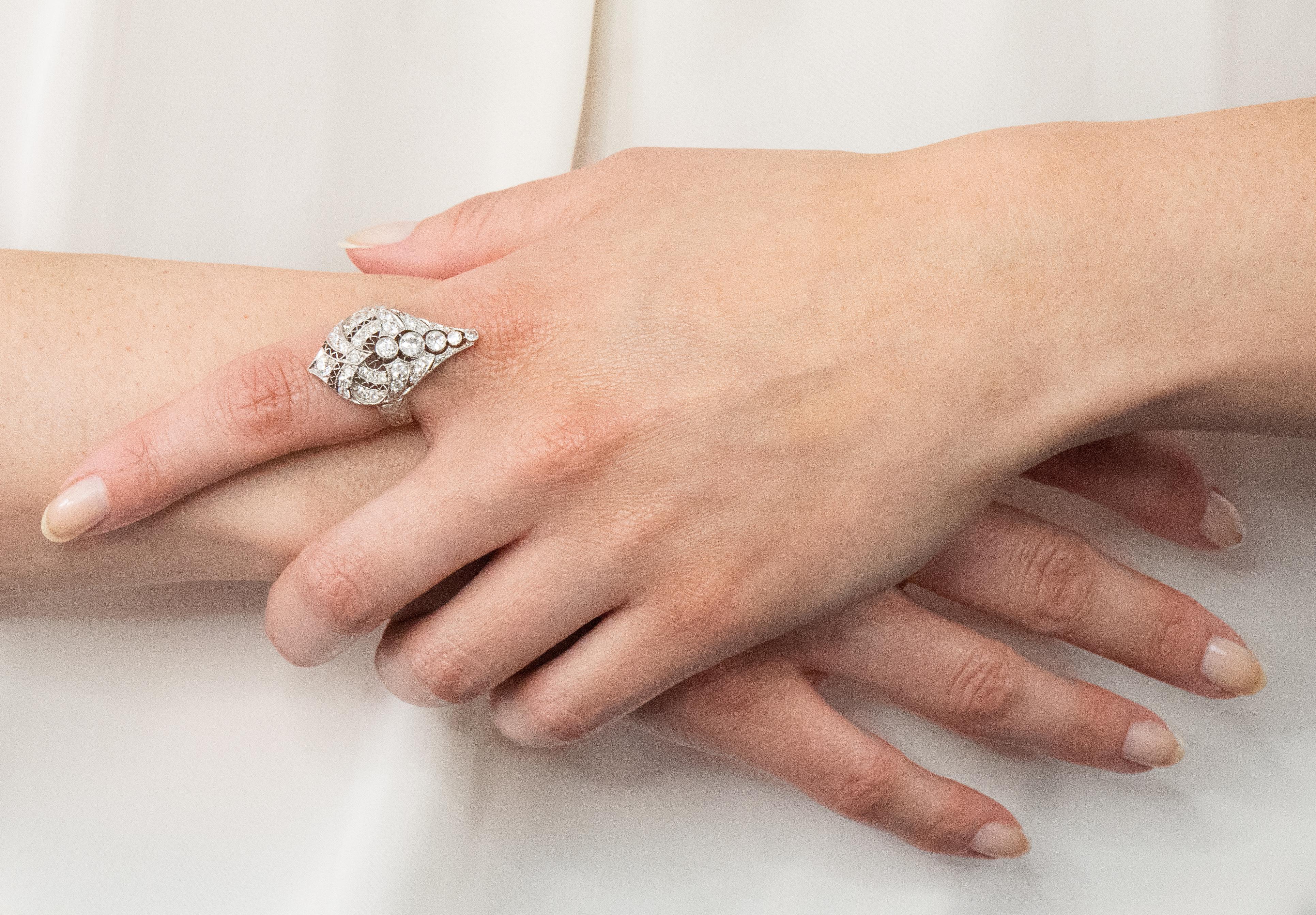 Edwardian 1.60 Carat European Diamond Platinum 14 Karat Rose Gold Cocktail Ring 6