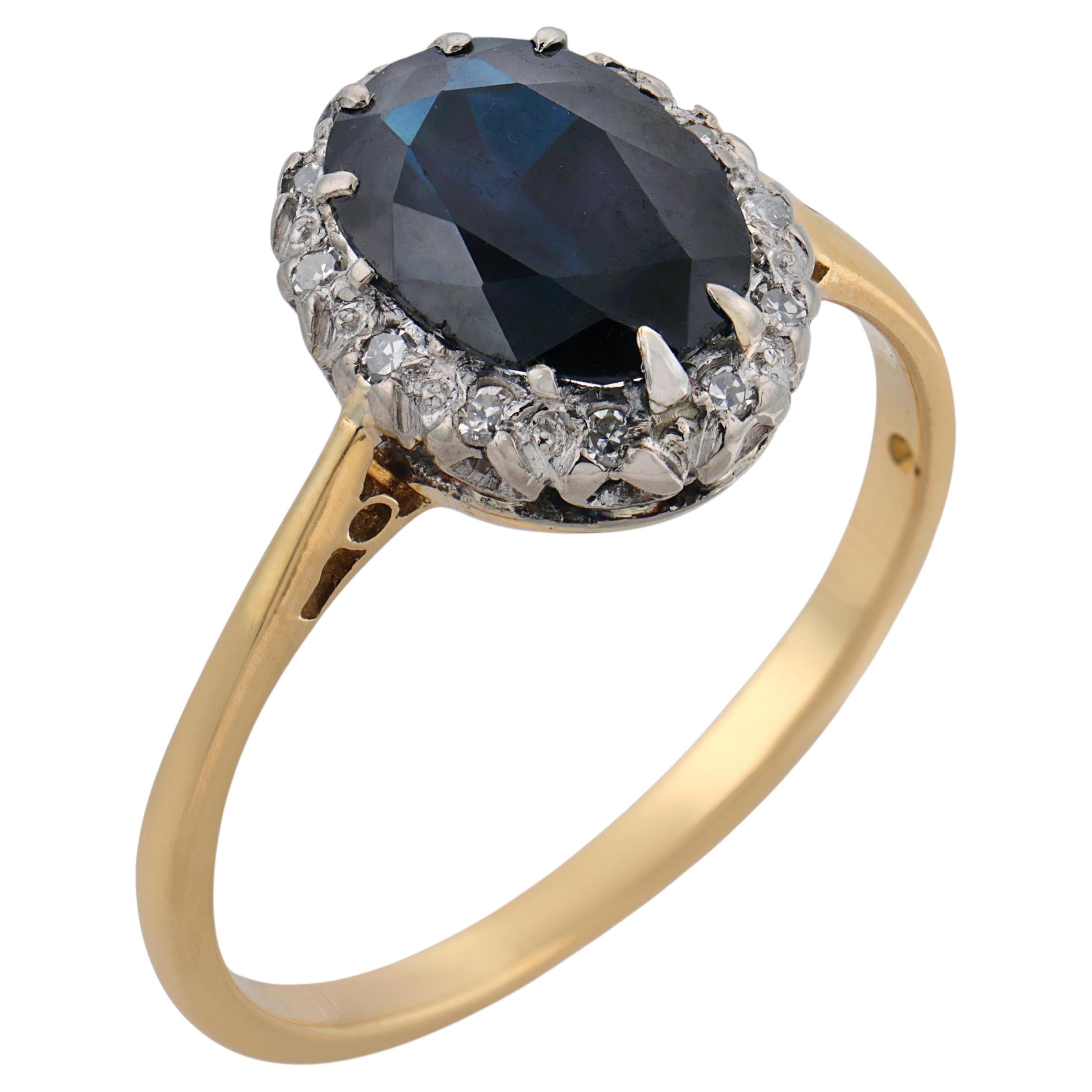 Edwardian 1.60 carat sapphire diamond 18k yellow gold platinum cluster ring