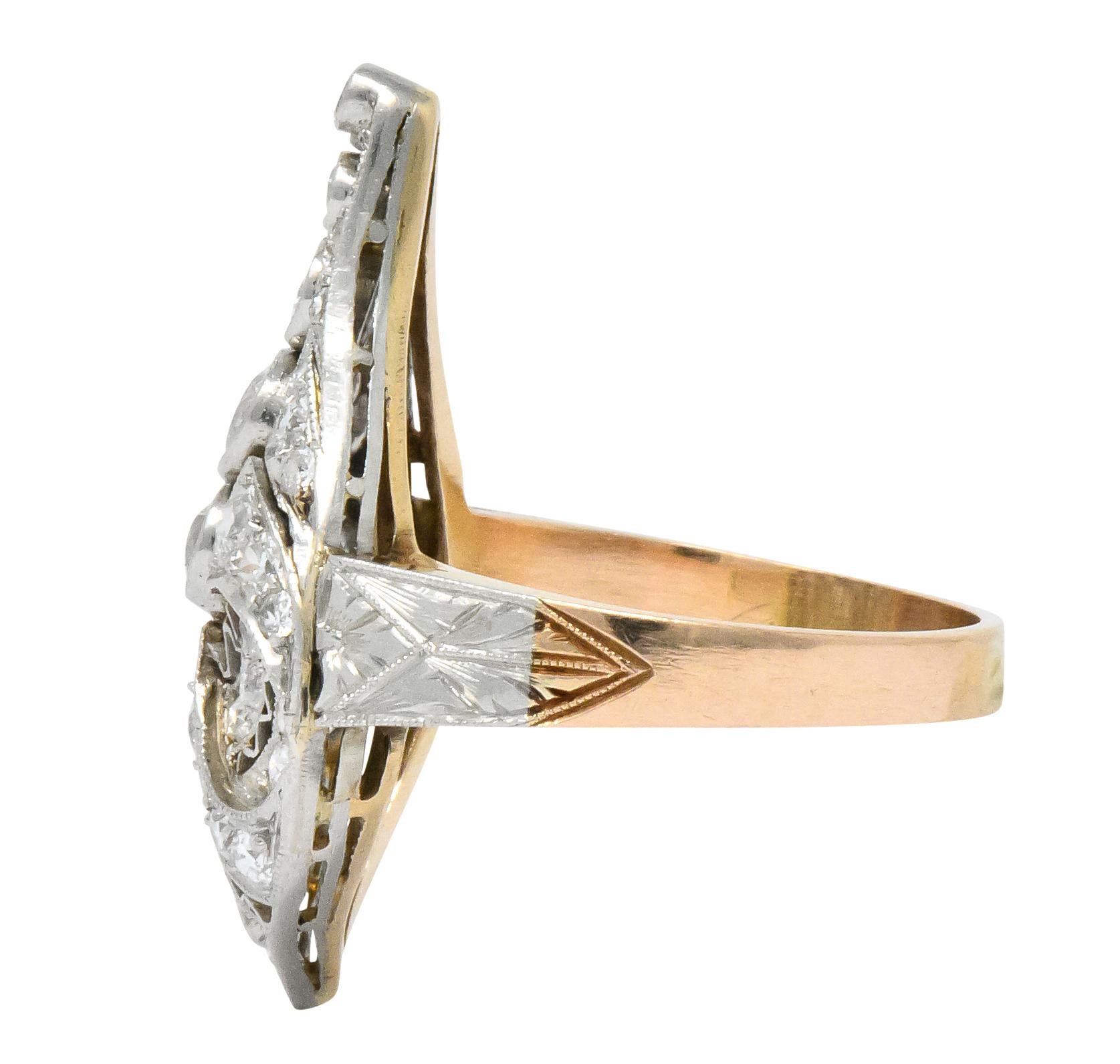 Women's or Men's Edwardian 1.60 Carat European Diamond Platinum 14 Karat Rose Gold Cocktail Ring