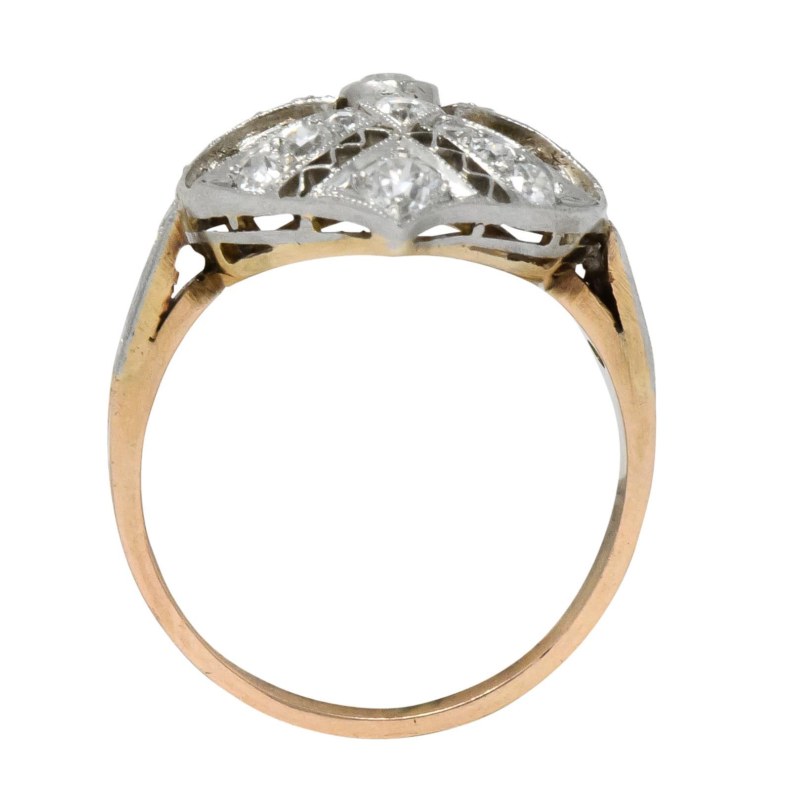 Edwardian 1.60 Carat European Diamond Platinum 14 Karat Rose Gold Cocktail Ring 2