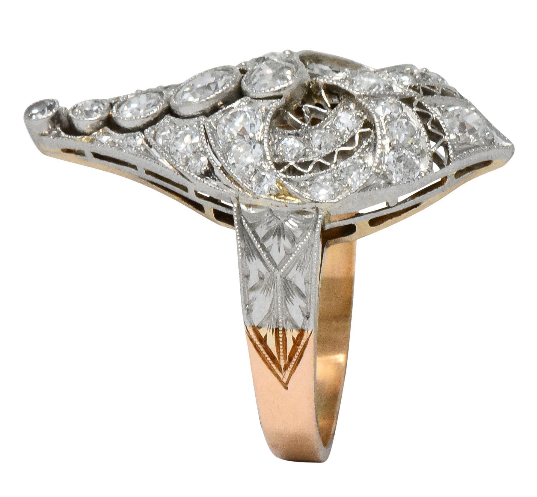 Edwardian 1.60 Carat European Diamond Platinum 14 Karat Rose Gold Cocktail Ring 3