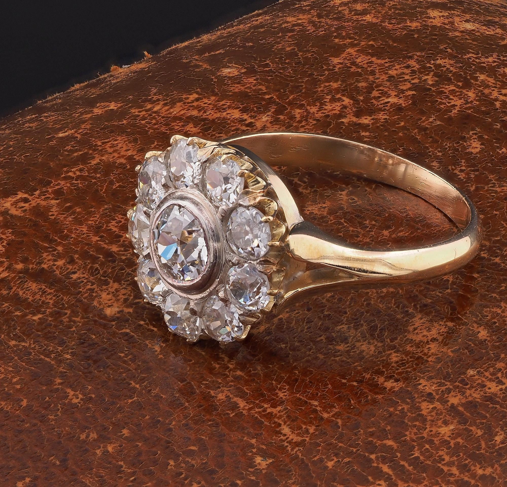 Edwardian 1.60 Ct Ct Old Mine Cut Diamant Daisy Cluster Ring 1