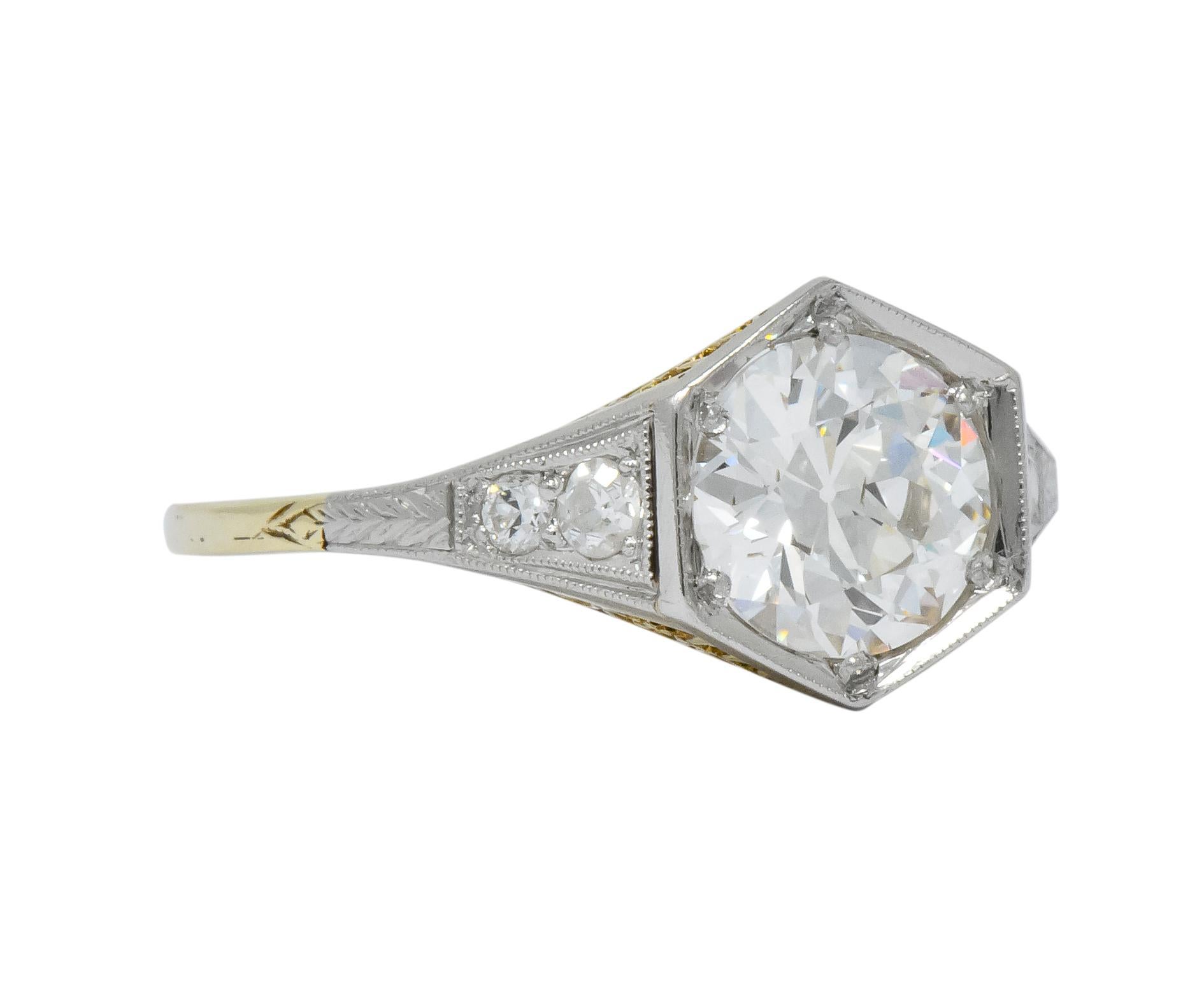 Old European Cut Edwardian 1.61 Carat Diamond Platinum-Topped 14 Karat Gold Engagement Ring GIA