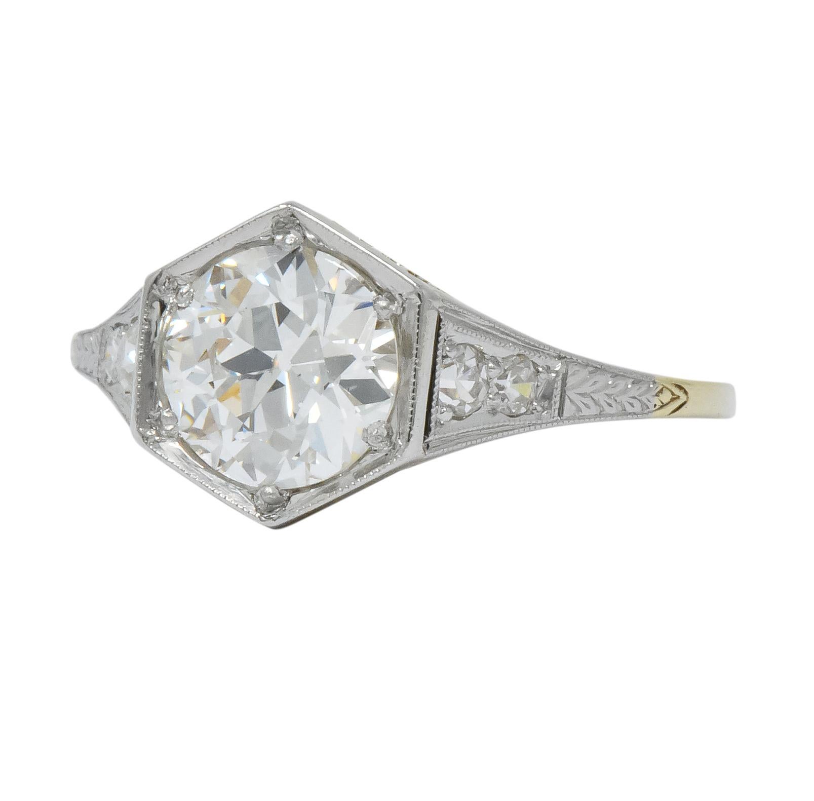 Edwardian 1.61 Carat Diamond Platinum-Topped 14 Karat Gold Engagement Ring GIA 2